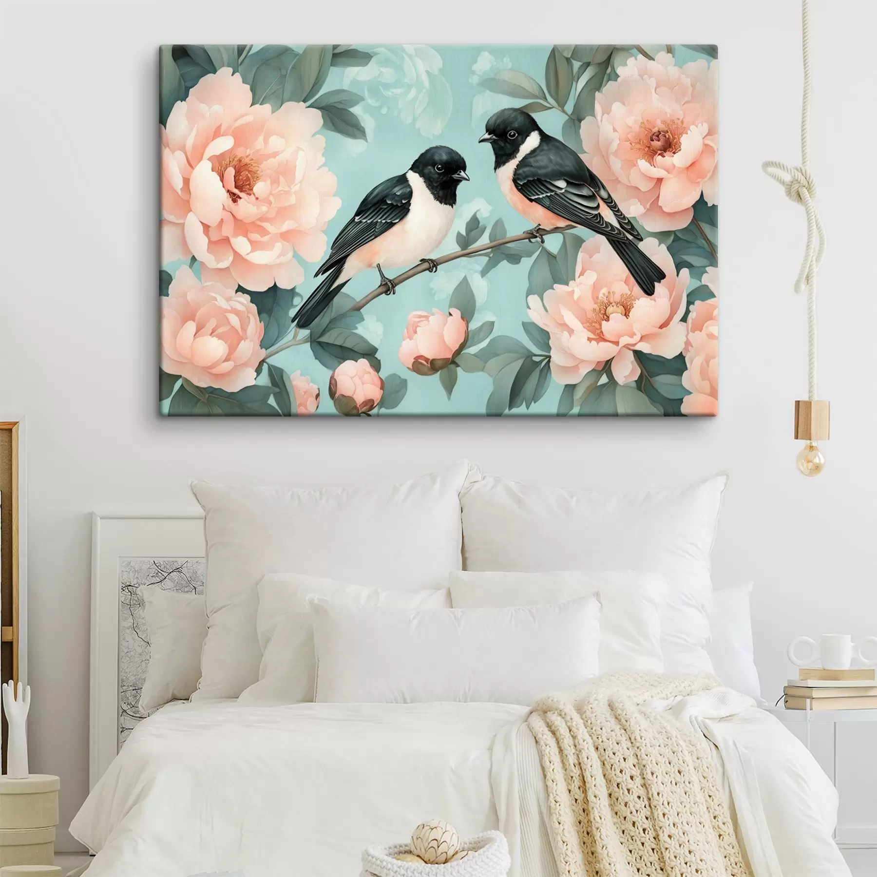 Tableau Deux oiseaux sur la branche avec des pivoines  s44786