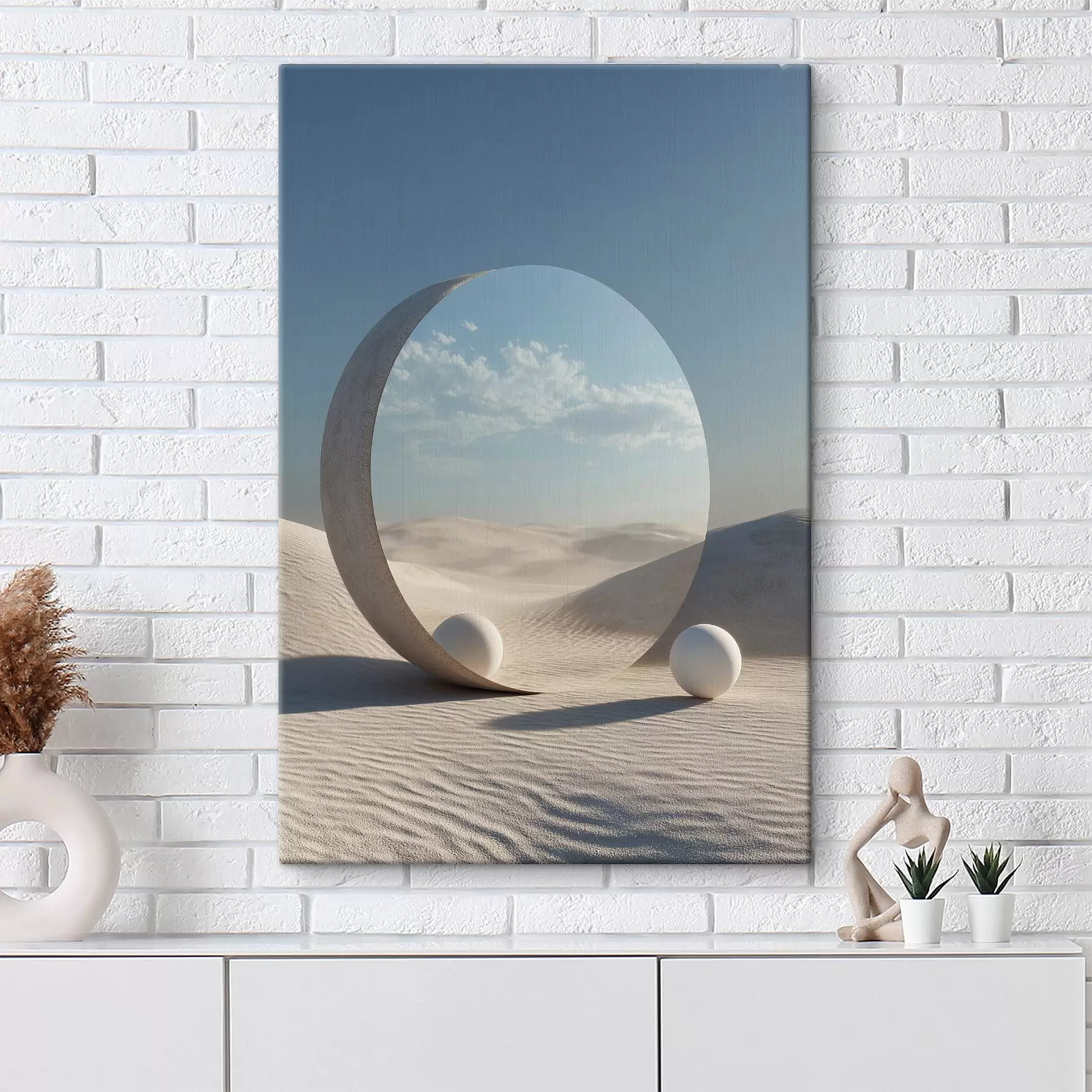 Tableau Paysage désertique surréaliste avec un miroir rond reflétant le ciel et la lune s44792