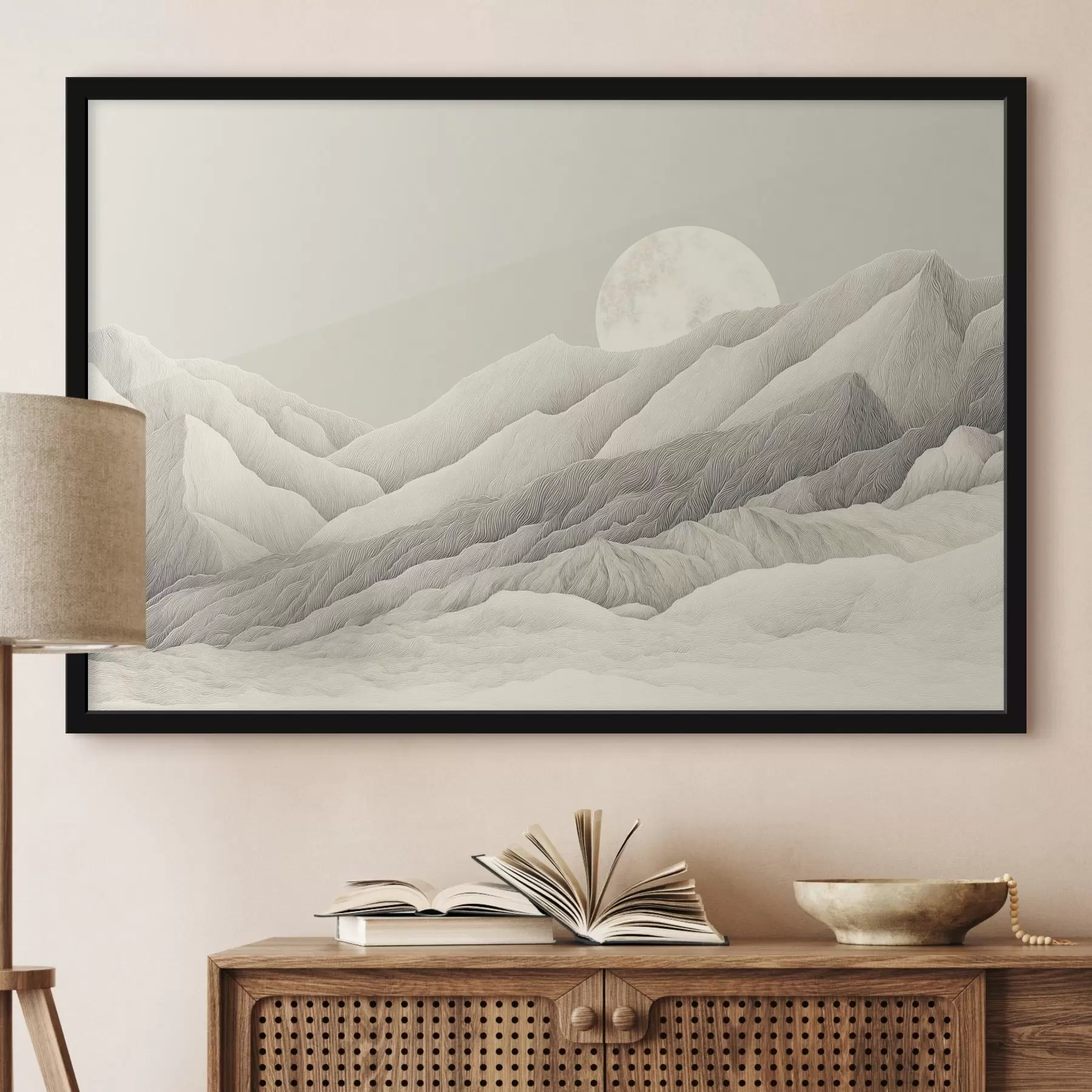 Tableau Montagnes avec lune, dessin détaillé f44788