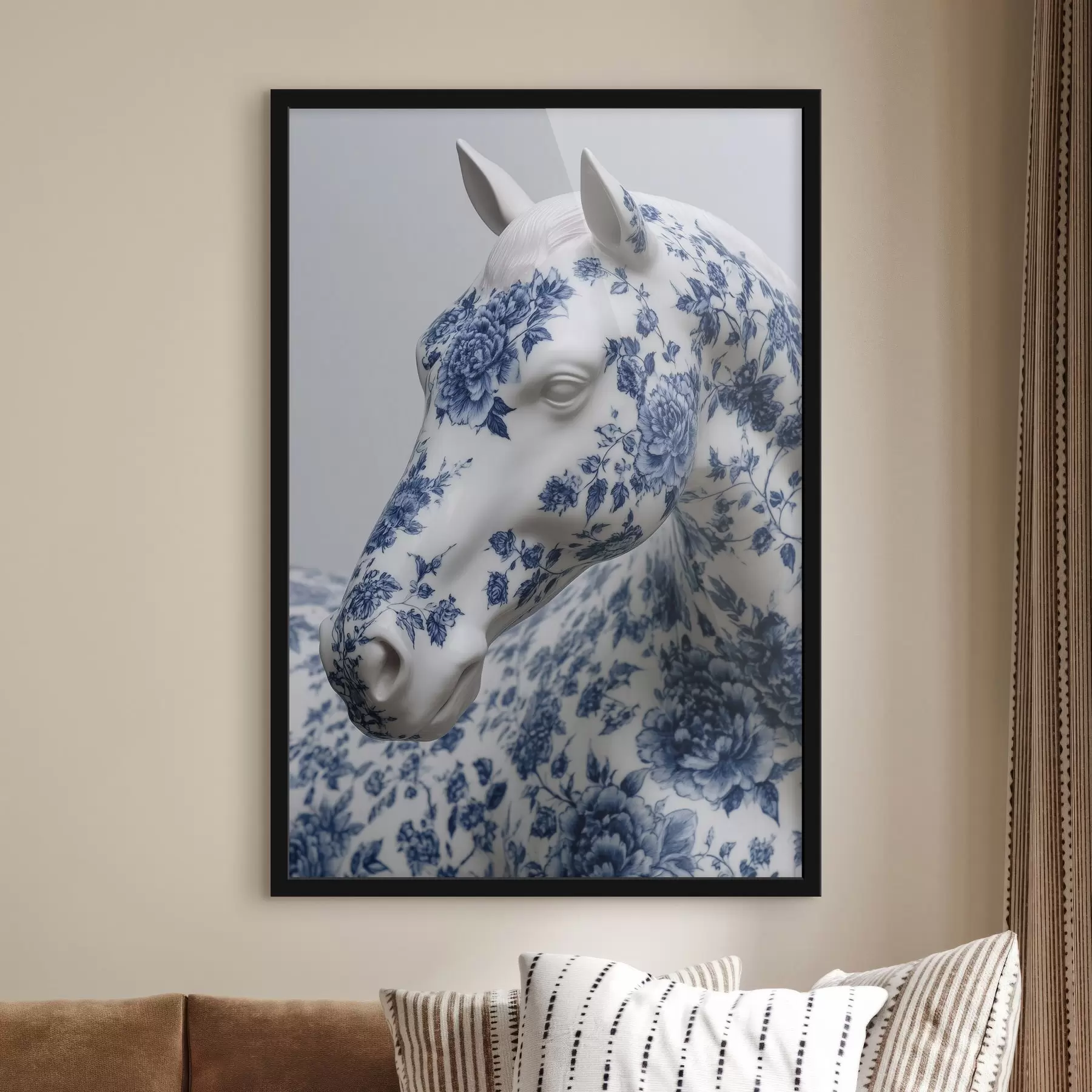 Papier peint Cheval en porcelaine avec impression de fleurs bleues f44789