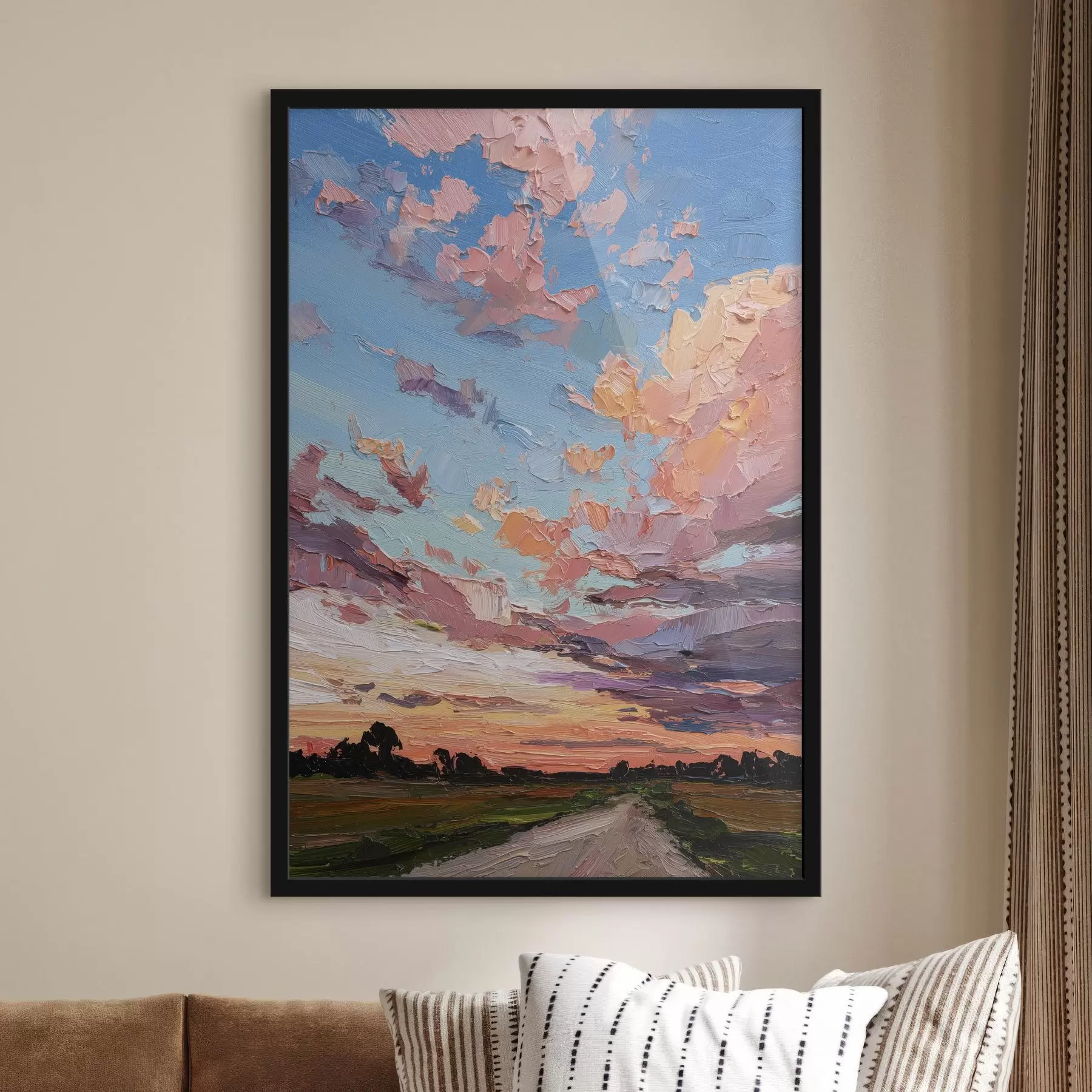Papier peint Ciel au coucher du soleil, route dans les champs, coups de pinceau vifs, imitation du style à l'huile f44795