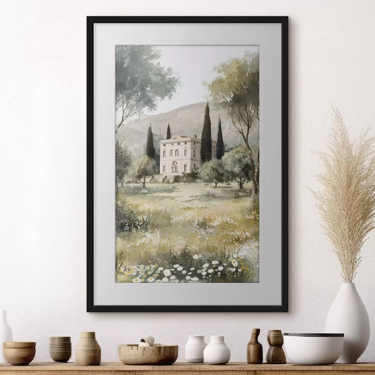 Poster Village méditerranéen avec maison blanche entourée de jardin f44796