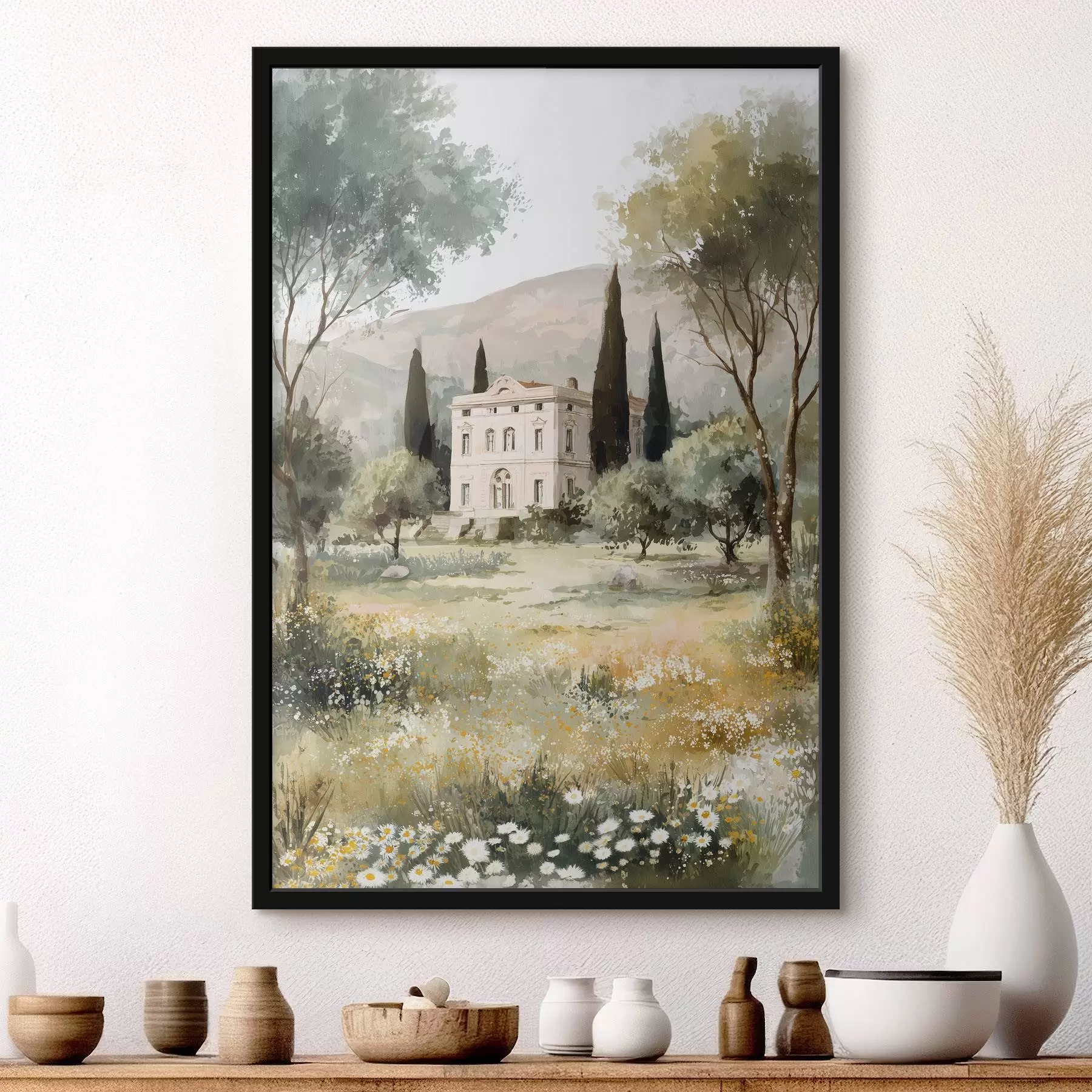 Papier peint Village méditerranéen avec maison blanche entourée de jardin f44796
