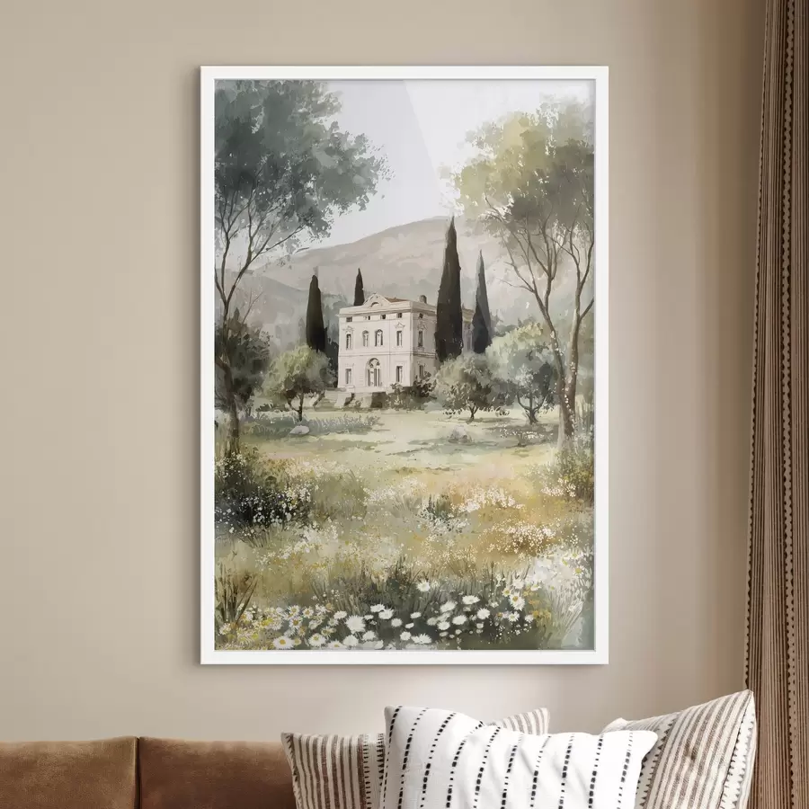 Papier peint Village méditerranéen avec maison blanche entourée de jardin f44796
