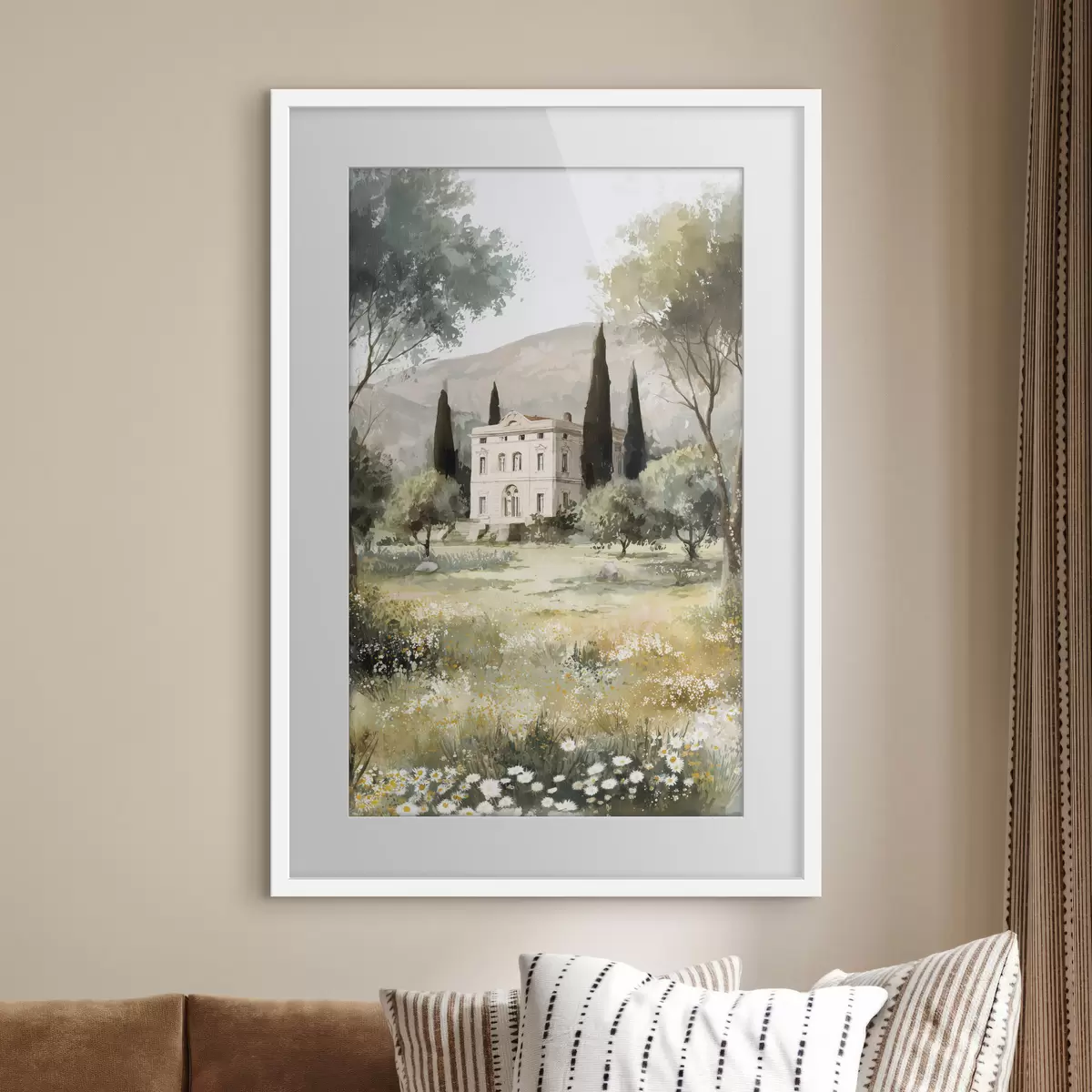 Poster Village méditerranéen avec maison blanche entourée de jardin f44796