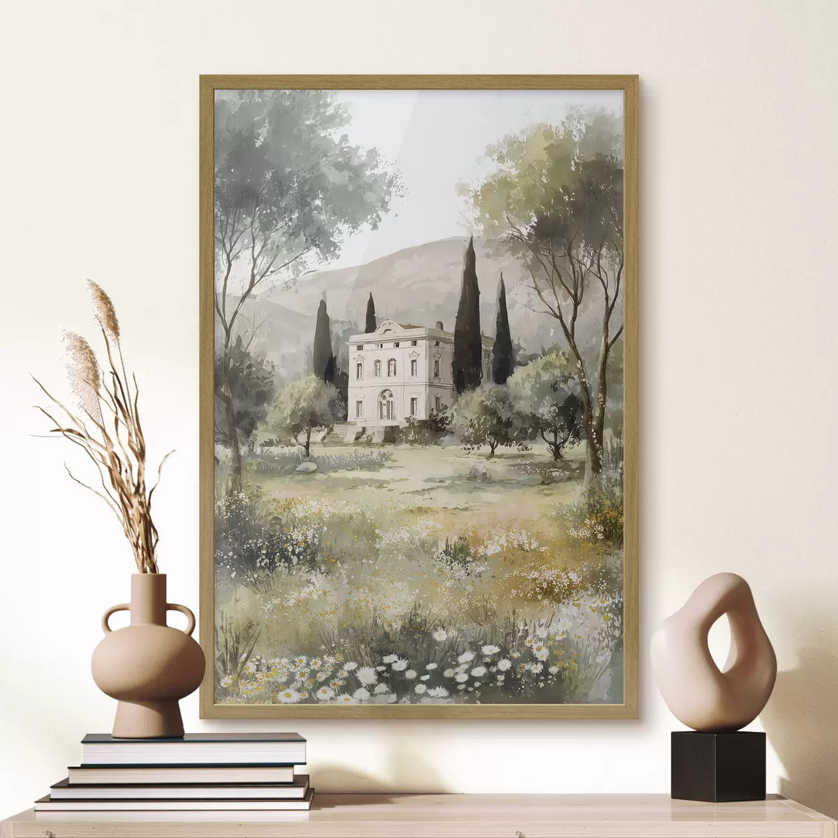 Poster Village méditerranéen avec maison blanche entourée de jardin f44796