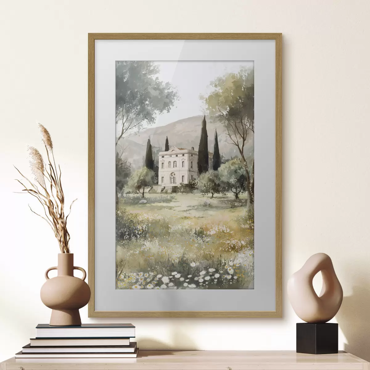 Poster Village méditerranéen avec maison blanche entourée de jardin f44796