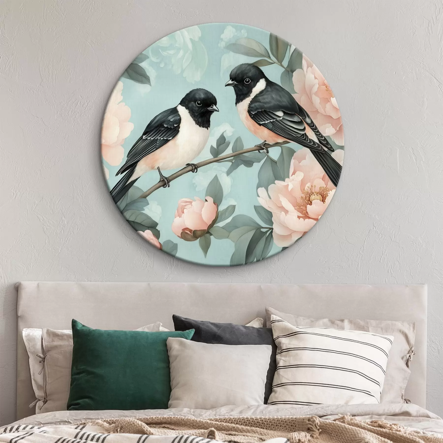 Tableau Deux oiseaux sur la branche avec des pivoines r44786
