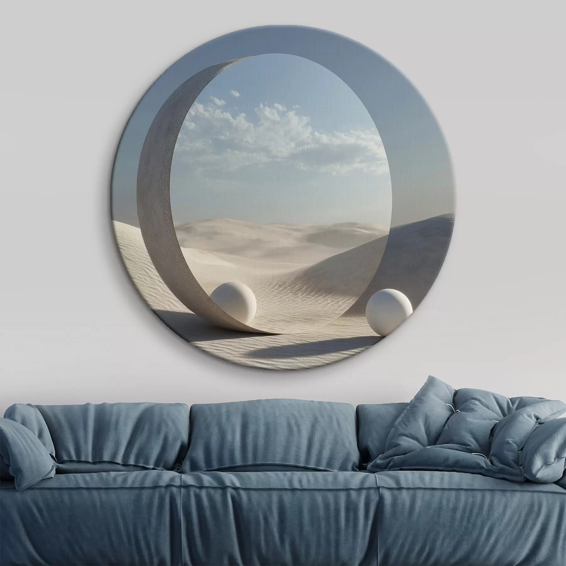 Tableau Paysage désertique surréaliste avec un miroir rond reflétant le ciel et la lune r44792