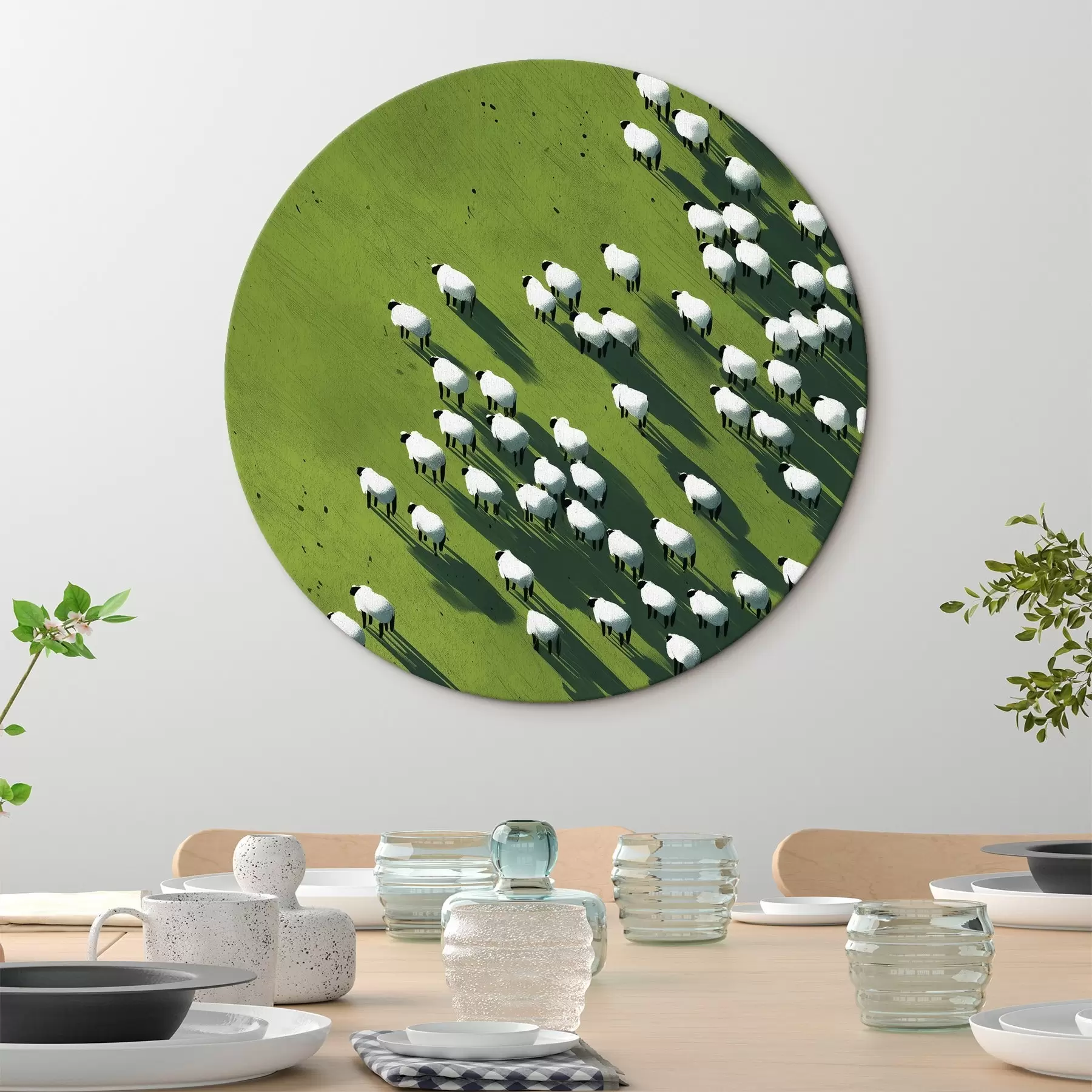 Tableau Champ vert avec un troupeau de moutons, abstraction, vue aérienne r44793