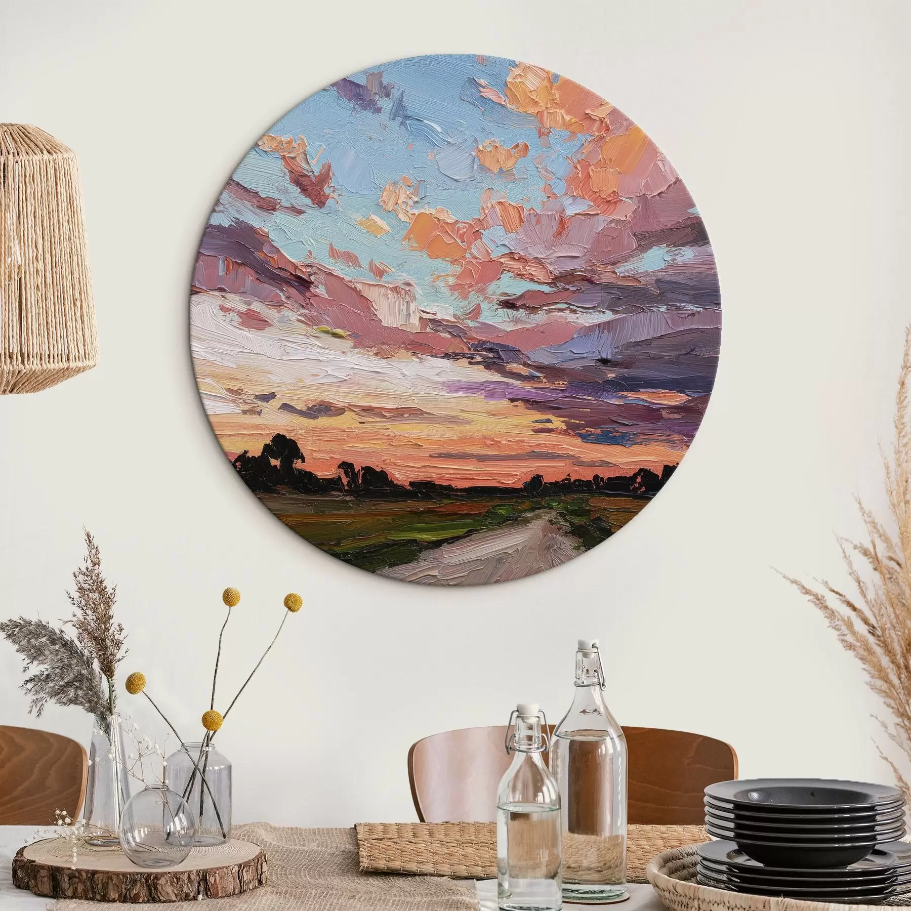 Tableau Ciel au coucher du soleil, route dans les champs, coups de pinceau vifs, imitation du style à l'huile r44795