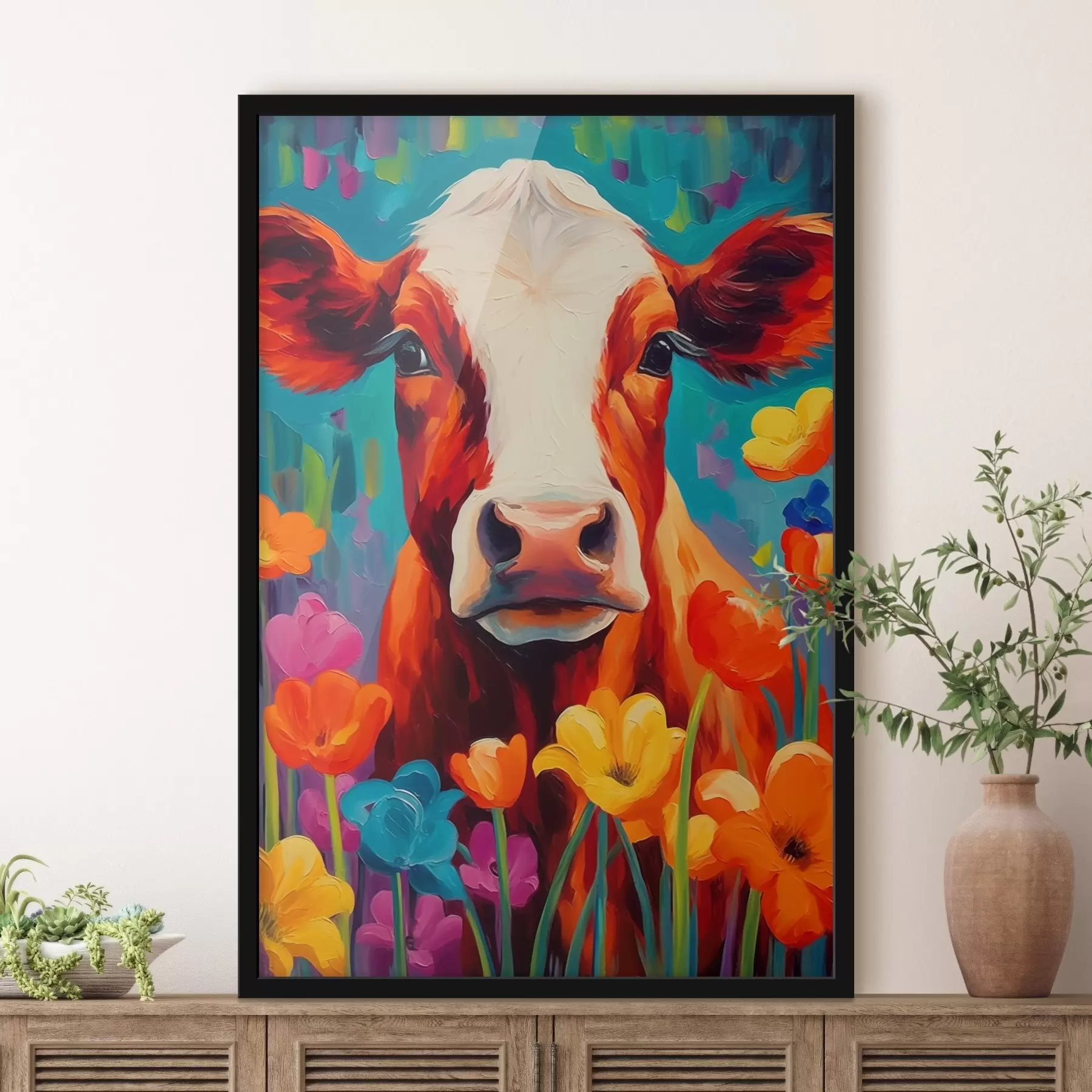 Tableau Vache parmi les fleurs f44803