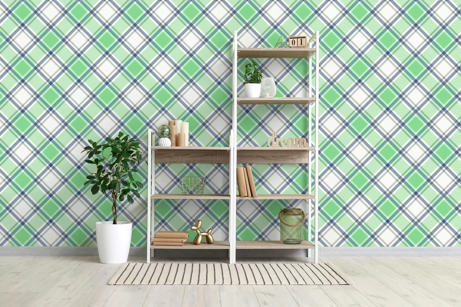 Papier peint motif à carreaux dans les tons verts w04167v2