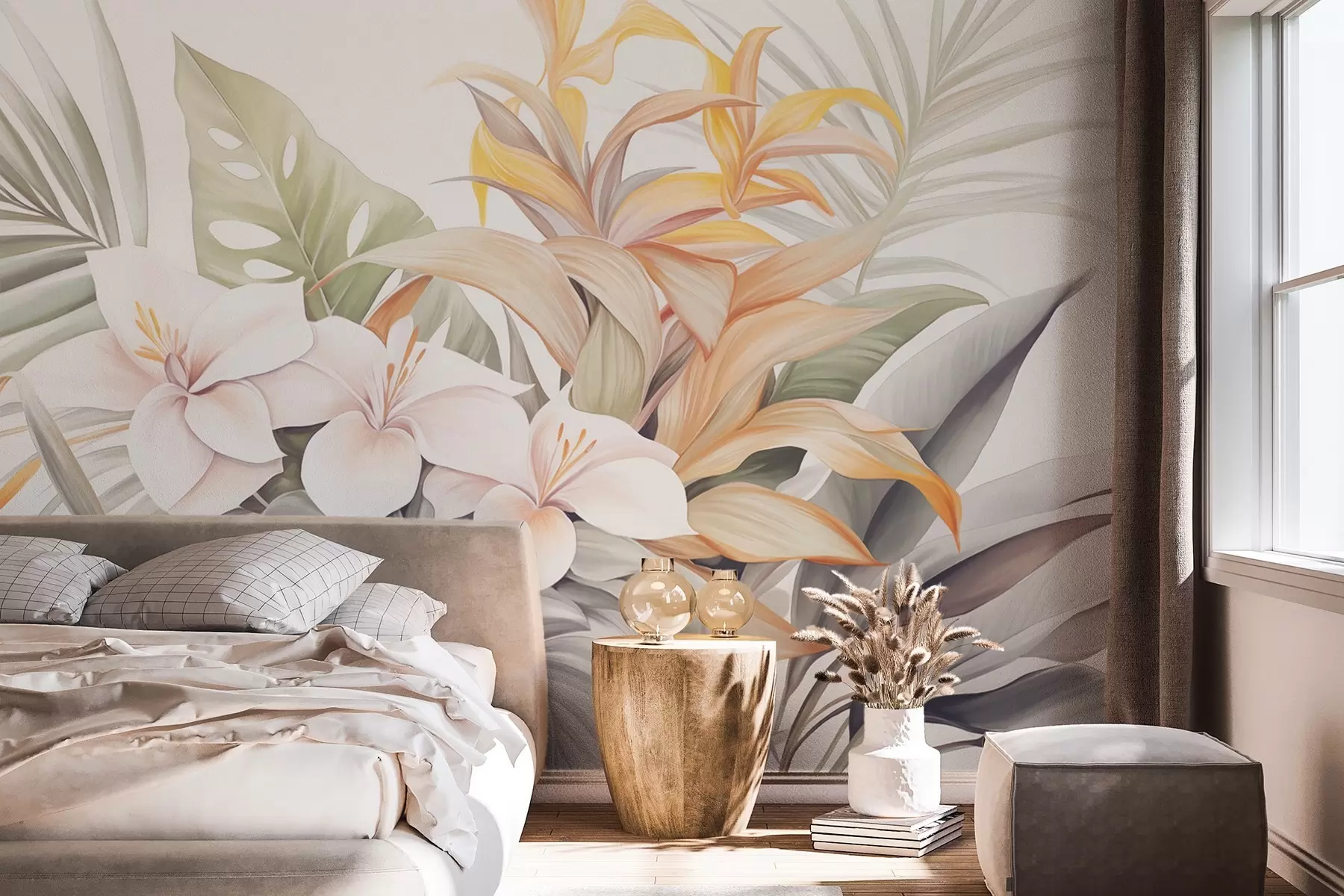Papier peint Illustration botanique de fleurs tropicales avec des feuilles de palmier et de monstera, couleurs douces, style aquarelle w09201
