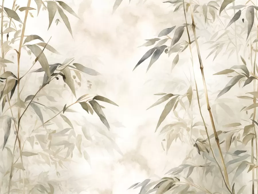 Papier peint Branches de bambou texturées avec des feuilles dans un style aquarelle, palette de couleurs neutres et douces, fond beige clair w09204