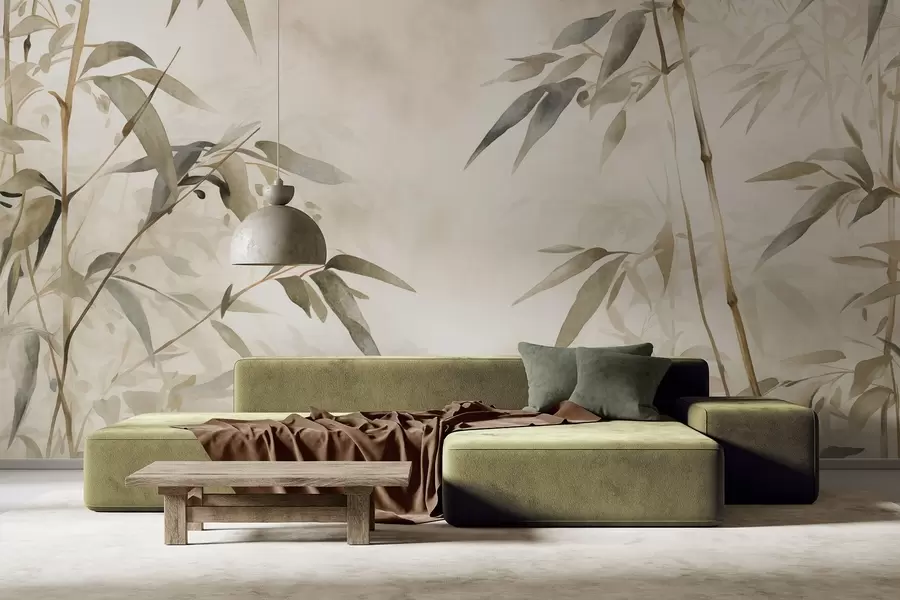 Papier peint Branches de bambou texturées avec des feuilles dans un style aquarelle, palette de couleurs neutres et douces, fond beige clair w09204