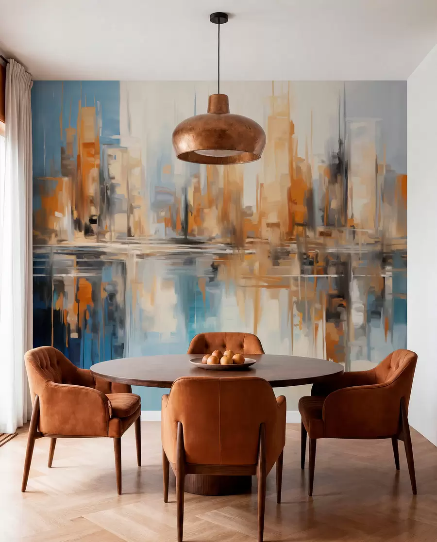 Papier peint Paysage urbain abstrait texturé avec de grands bâtiments dans les tons orange, bleu et blanc, se reflétant dans l'eau w09207