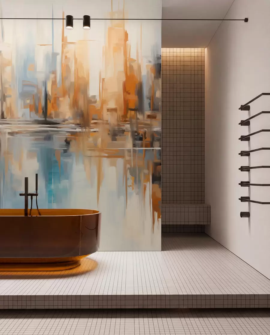 Papier peint Paysage urbain abstrait texturé avec de grands bâtiments dans les tons orange, bleu et blanc, se reflétant dans l'eau w09207