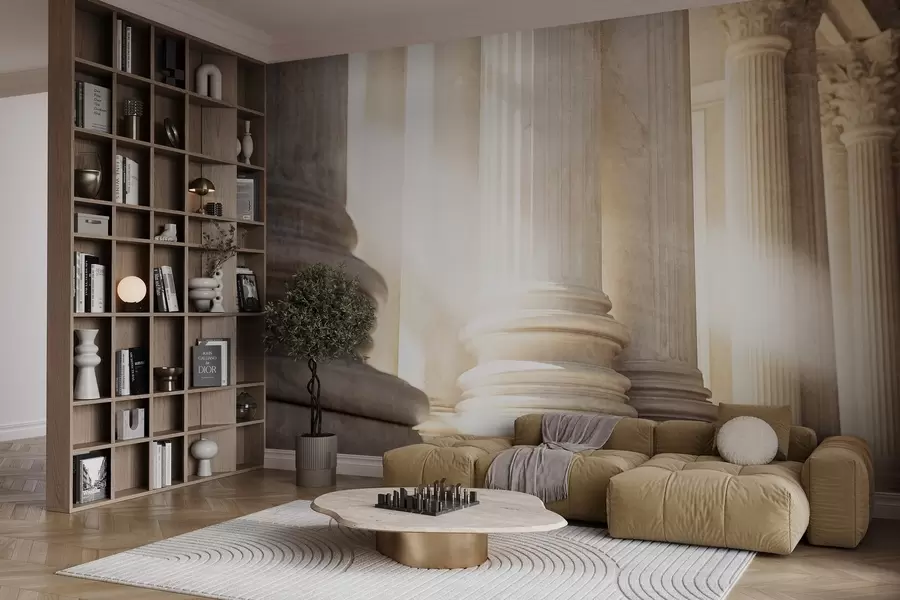 Papier peint Colonnes, architecture classique, design élégant, composition symétrique texturée, palette de couleurs neutres w09209