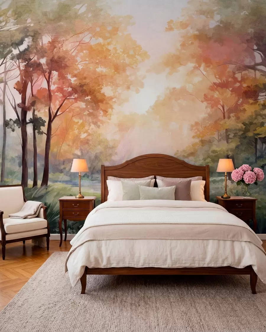 Papier peint Paysage forestier texturé, arbres aux feuilles orange et vertes, palette de couleurs pastel w09210v1