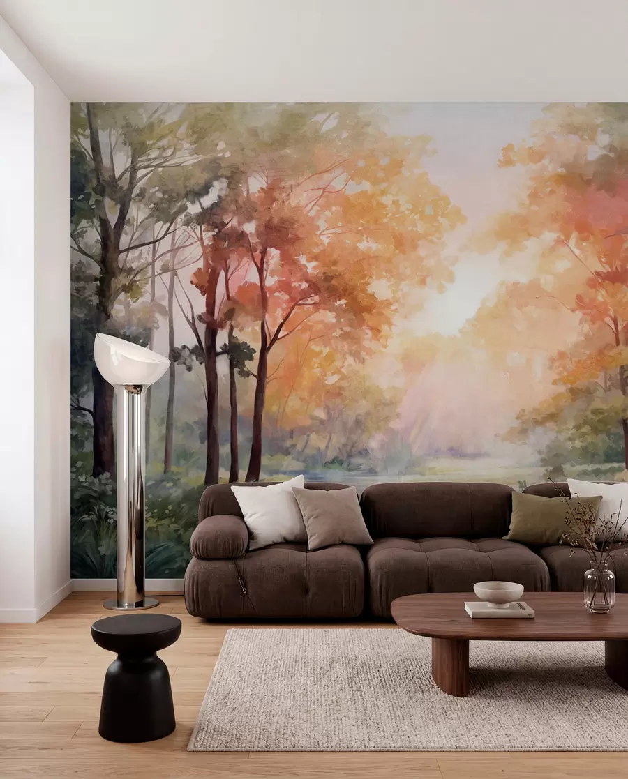 Papier peint Paysage forestier texturé, arbres aux feuilles orange et vertes, palette de couleurs pastel w09210v1