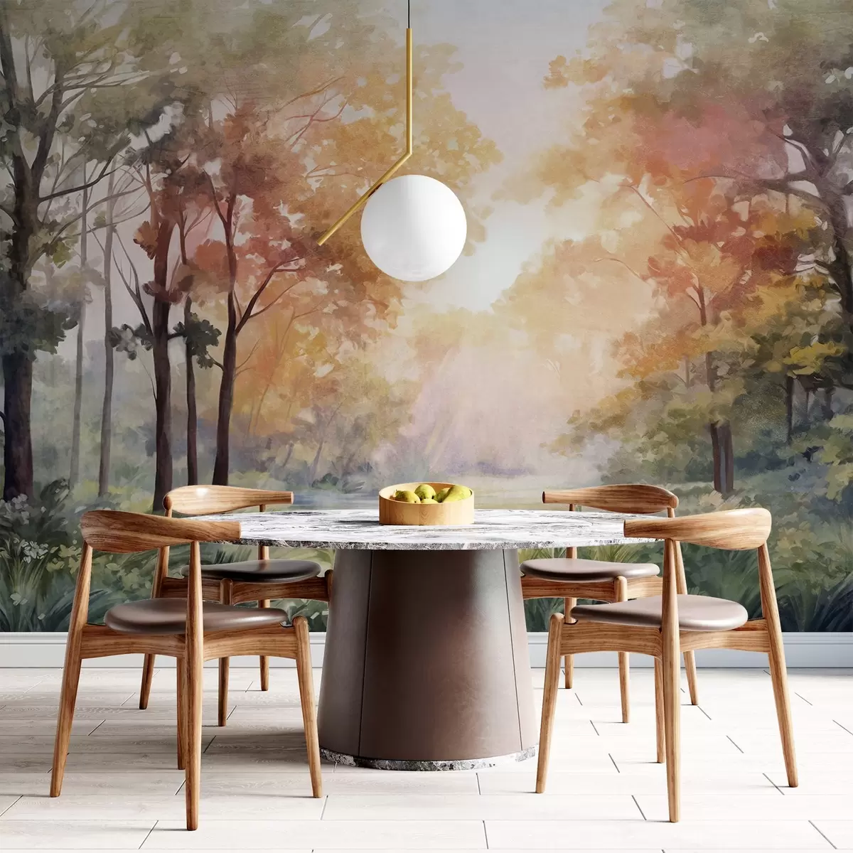 Papier peint Paysage forestier texturé, arbres aux feuilles orange et vertes, palette de couleurs pastel w09210v1