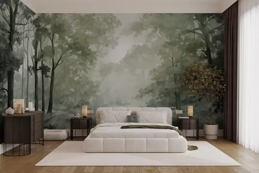 Papier peint Paysage forestier texturé, arbres aux feuilles vertes, palette de couleurs pastel w09210v2