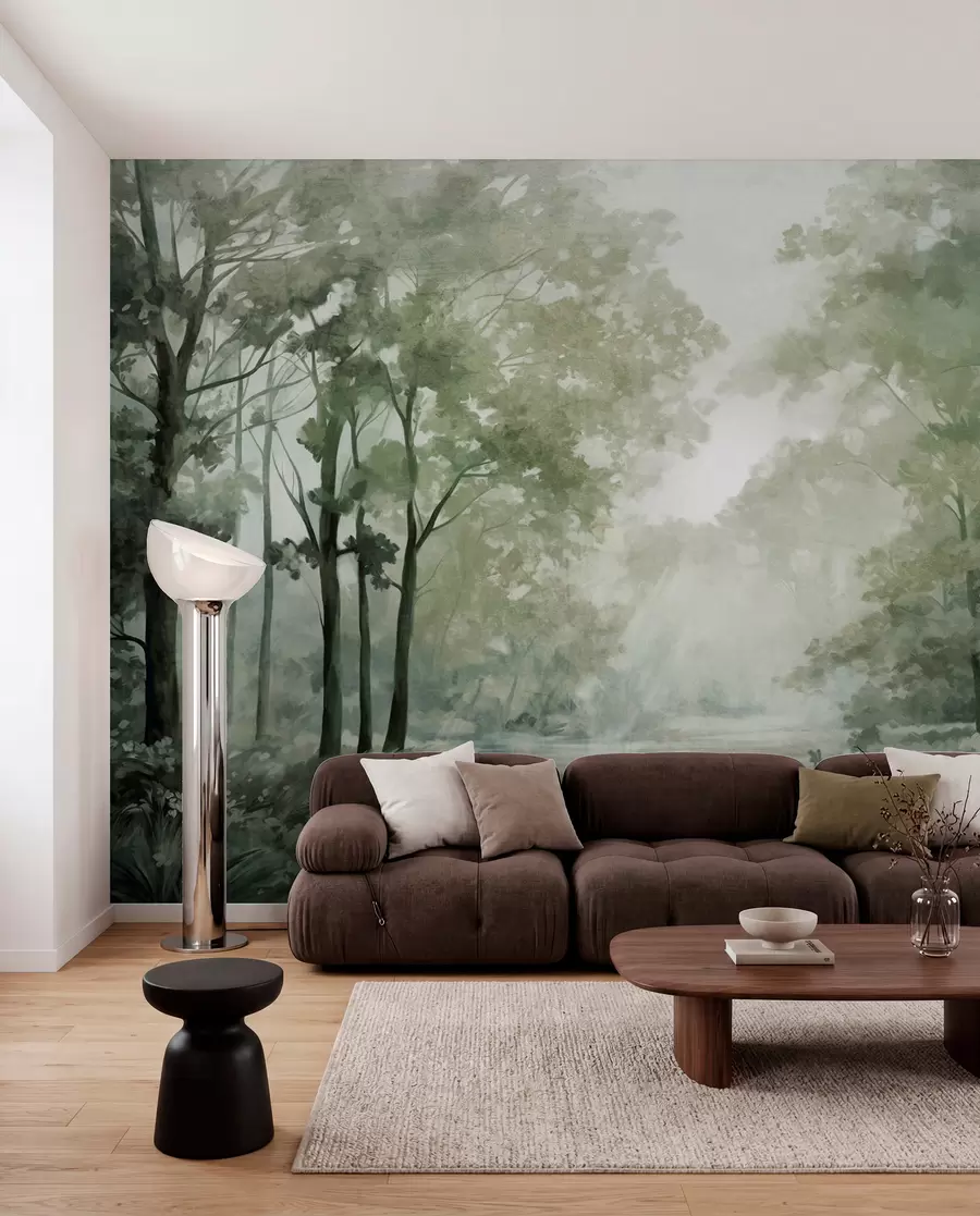 Papier peint Paysage forestier texturé, arbres aux feuilles vertes, palette de couleurs pastel w09210v2