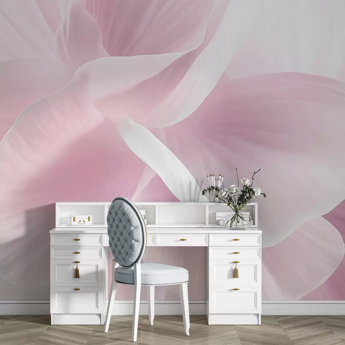 Papier peint Fleur abstraite texturée avec des pétales délicats, éclairage doux, composition élégante, esthétique minimaliste w09211v1