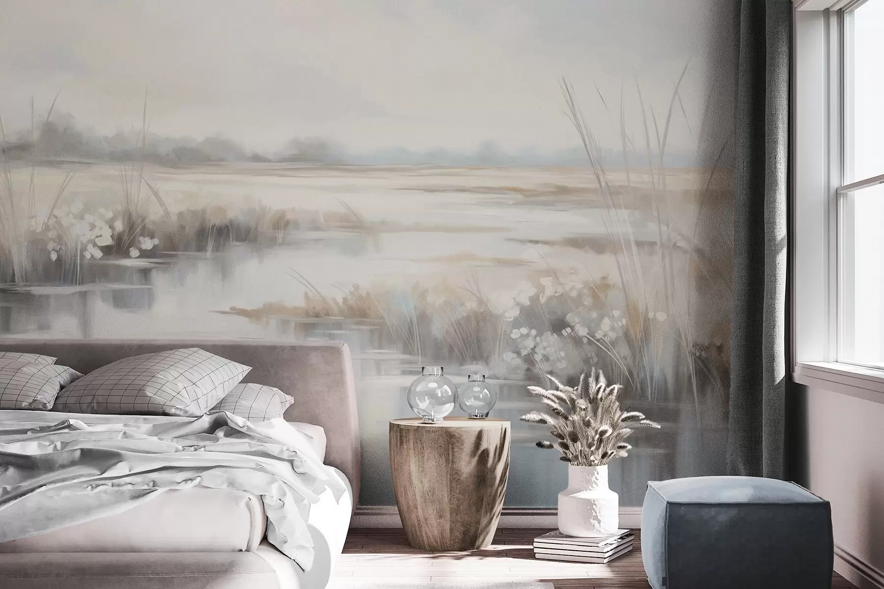 Papier peint Paysage tranquille texturé avec des herbes hautes et de l'eau calme, des couleurs pastel douces, des arbres lointains à l'horizon w09213