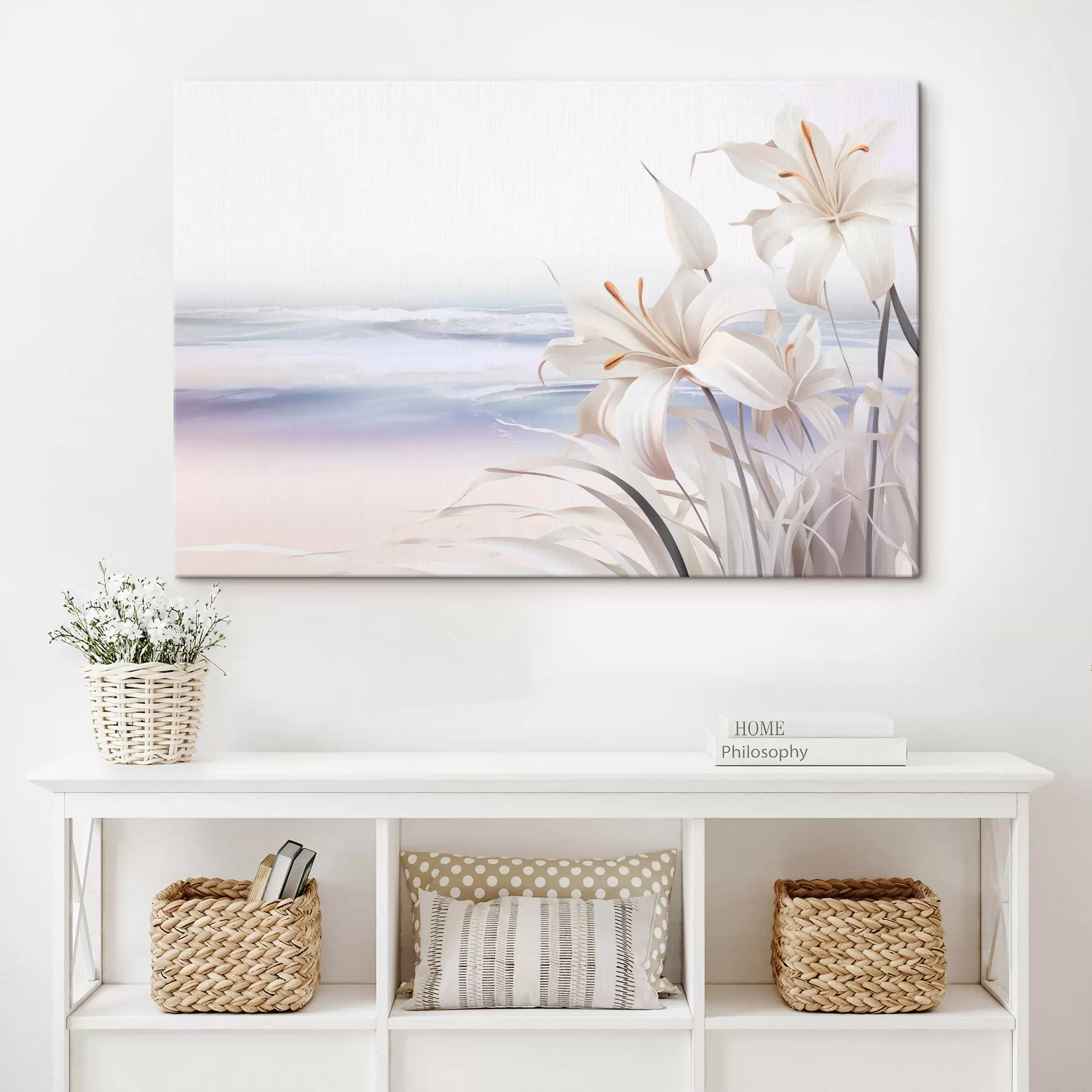 Tableau Lys blancs avec pistils orange et longues feuilles sur une plage avec des vagues douces en arrière-plan, couleurs pastel s44850