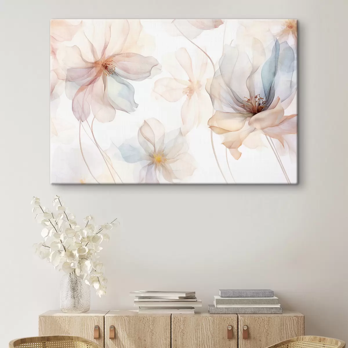 Tableau Fleurs translucides texturées aux couleurs pastel, pétales délicats, lignes délicates sur fond blanc s44855