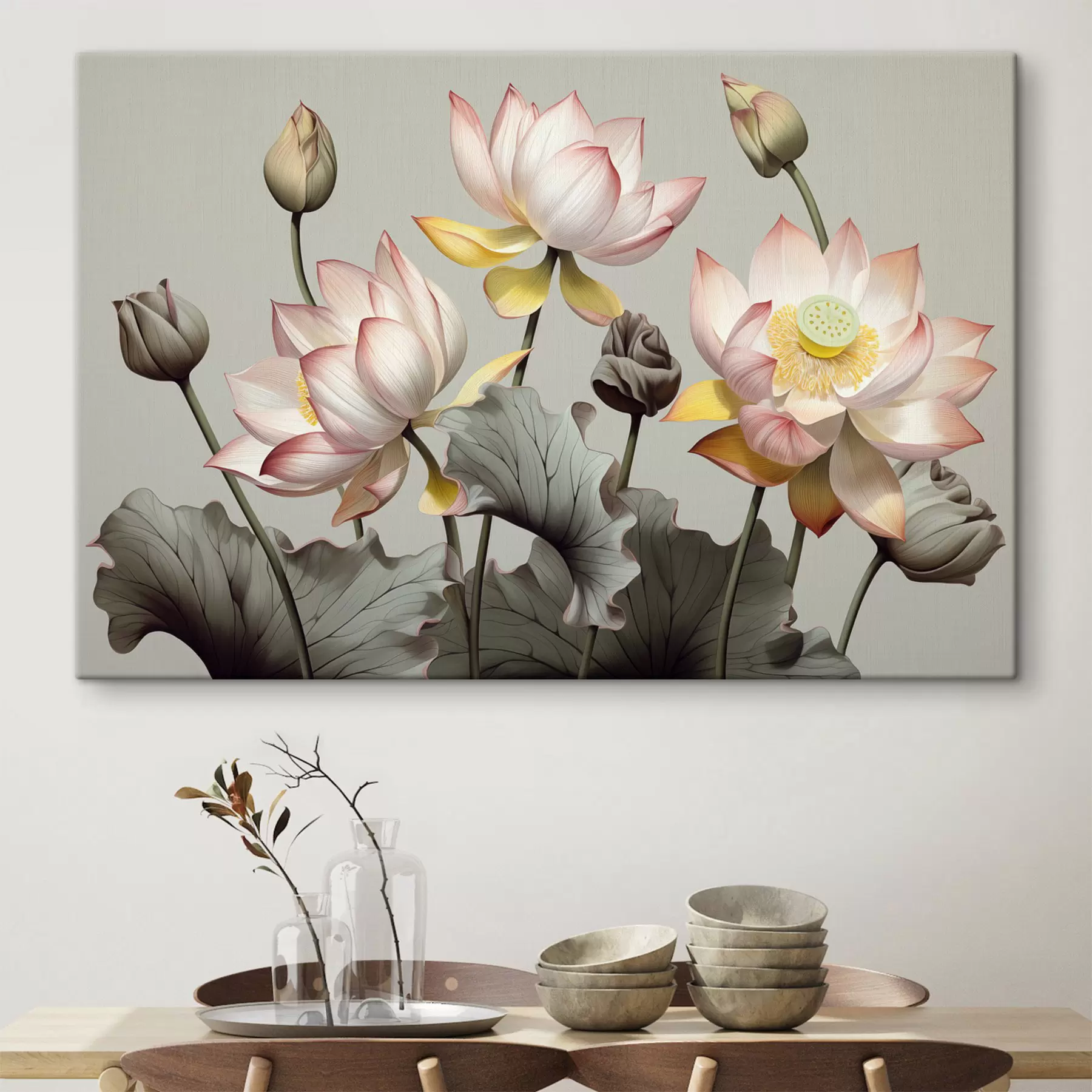 Tableau Fleurs de lotus aux pétales pastel et aux feuilles vertes, dans une palette de couleurs sourdes, sur un fond uni s44862