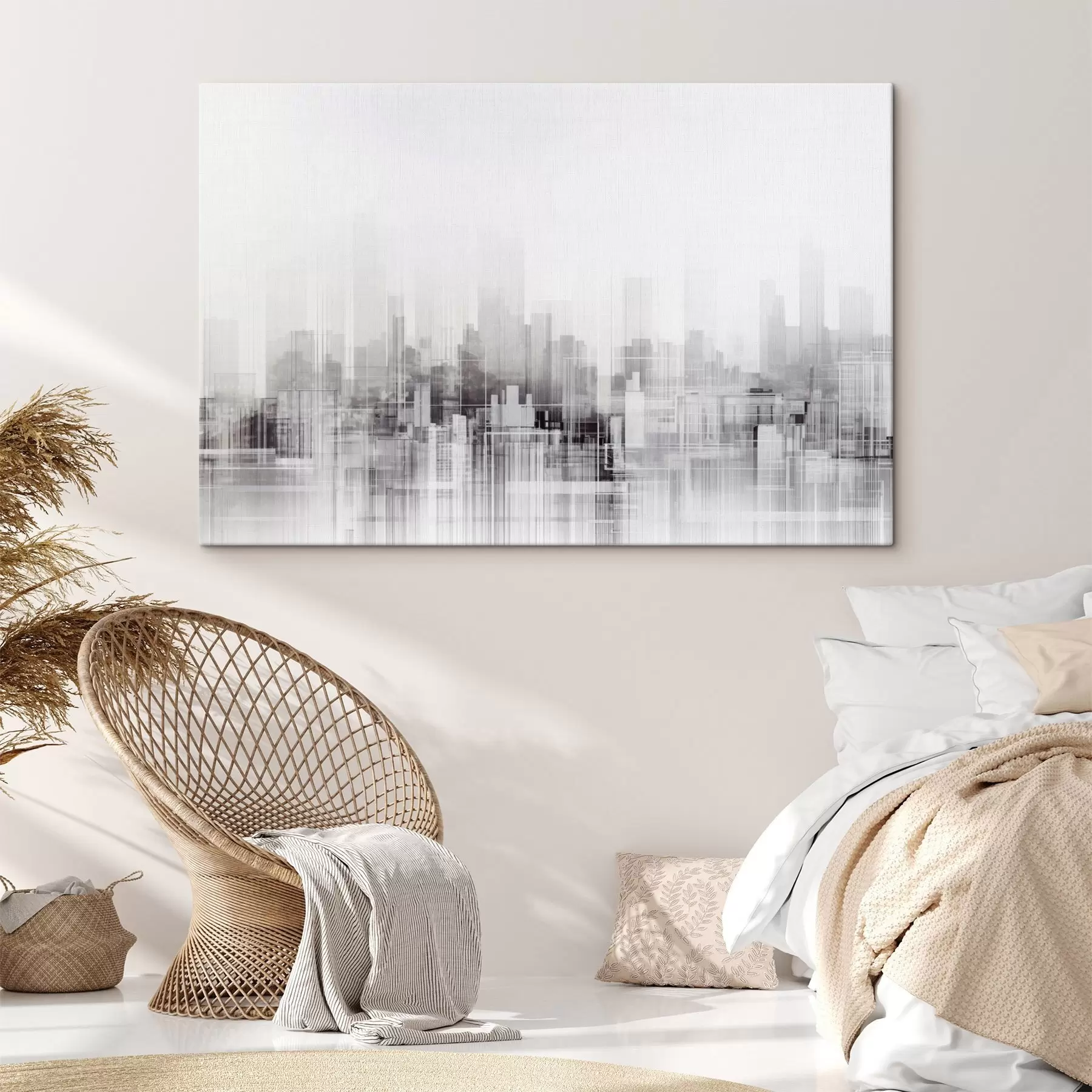 Tableau Paysage urbain minimaliste texturé avec de grands bâtiments et des gratte-ciel, silhouettés sur un ciel blanc s44863