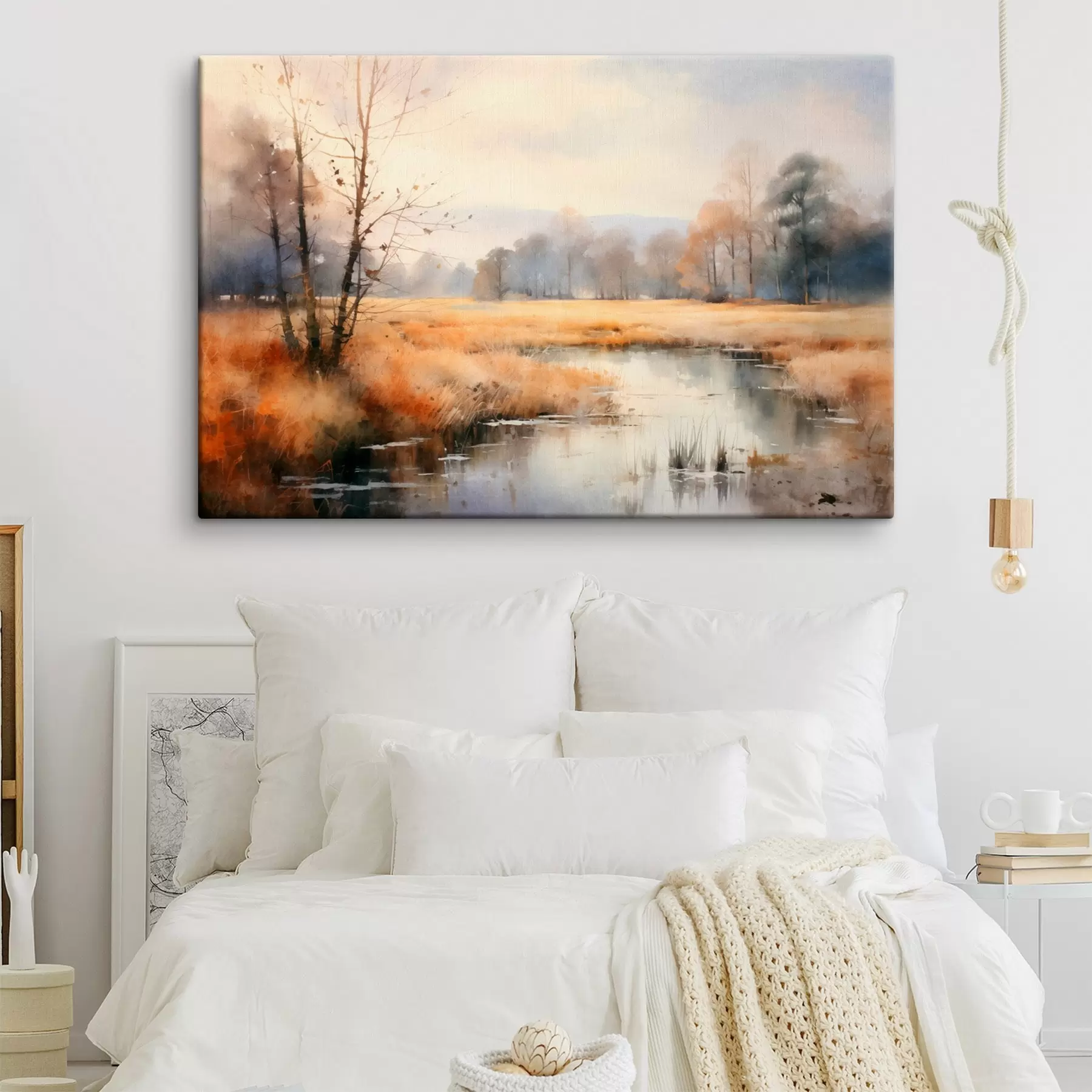 Tableau Une peinture de paysage tranquille et texturée imitant les roseaux et les arbres dénudés, l'eau calme sous un ciel.. s44867