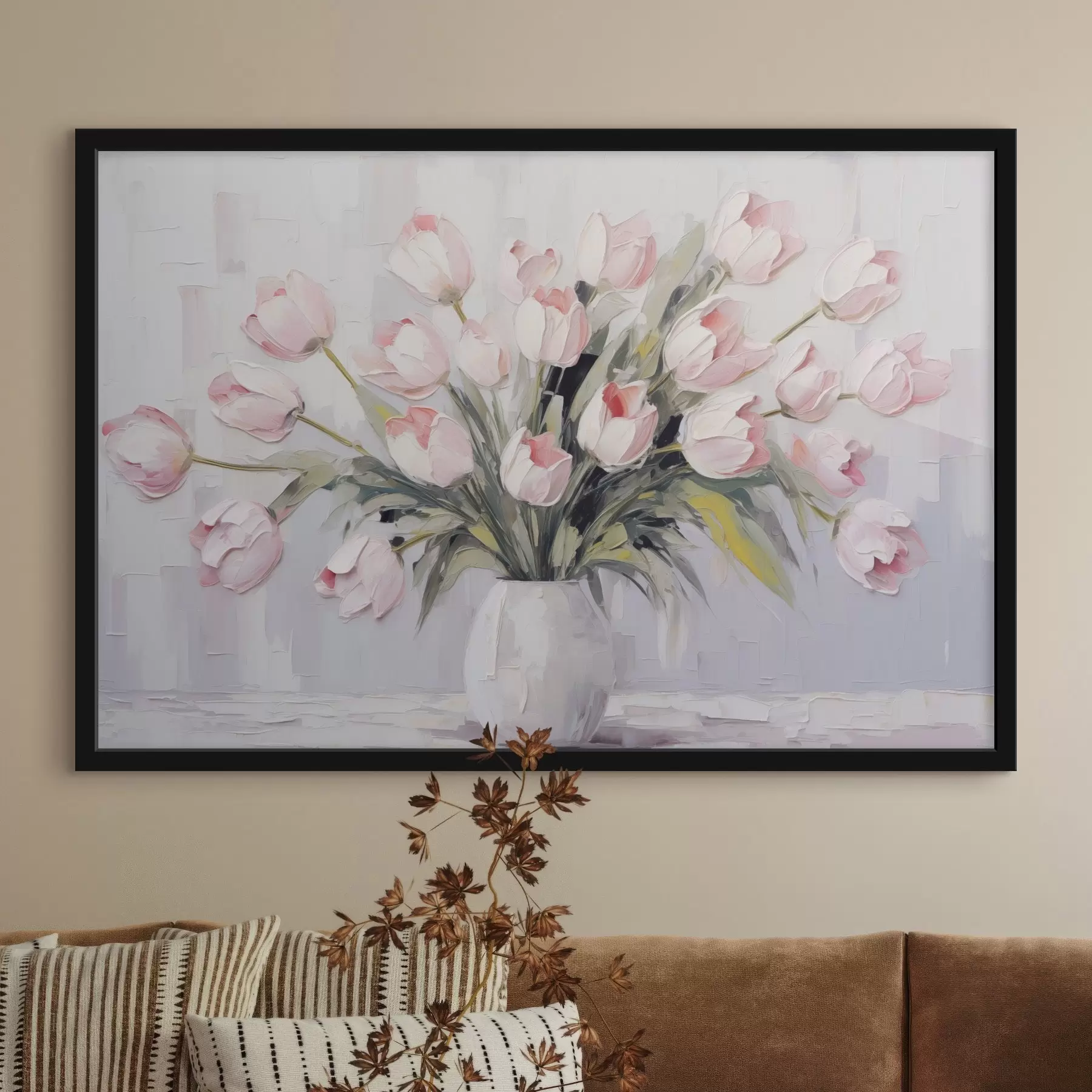 Papier peint Un vase avec des tulipes roses, des feuilles vertes, fond gris clair, style peinture à l'huile, coups de pinceau épais f44852