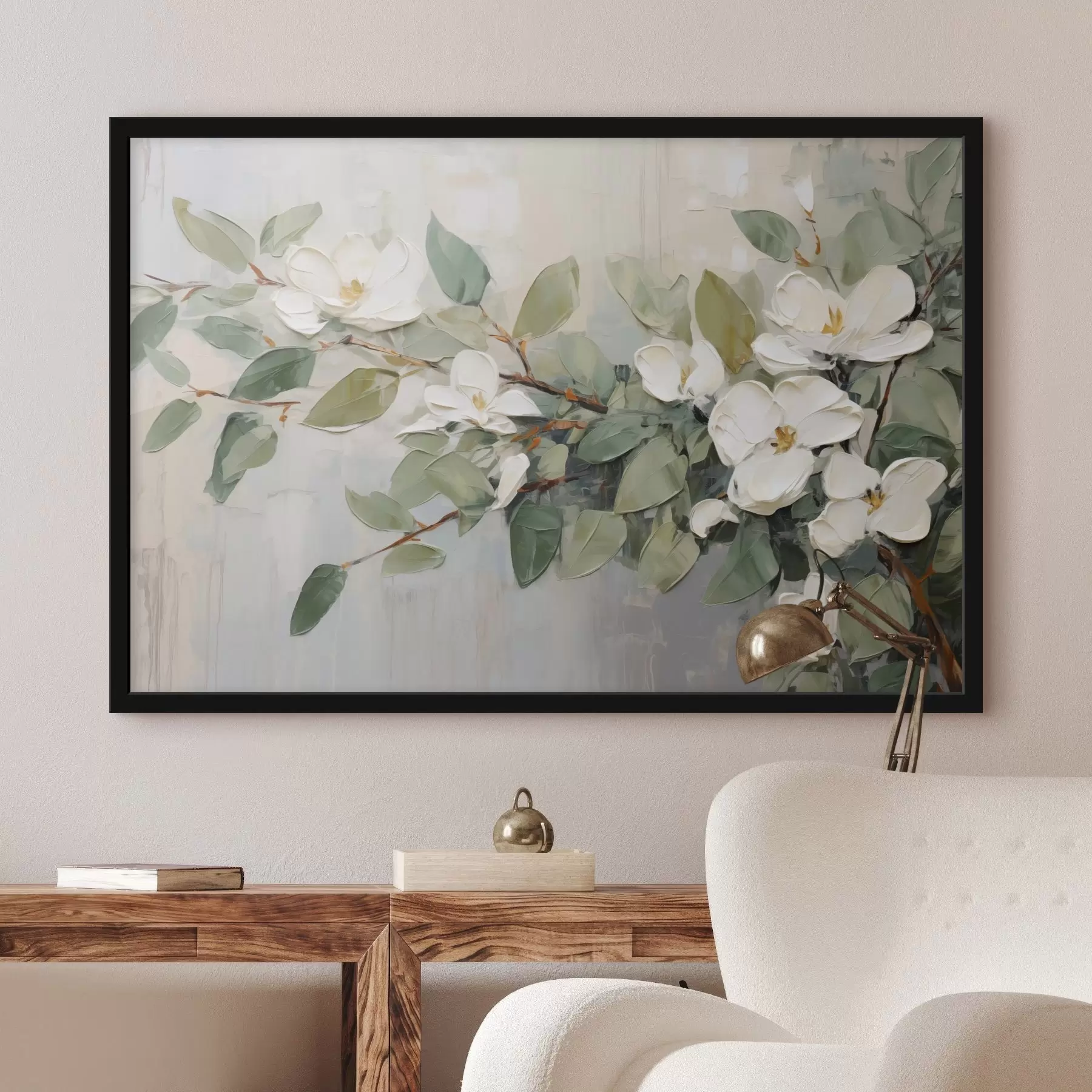 Papier peint Fleurs de magnolia avec feuilles vertes sur une branche, style texturé par empâtement, palette de couleurs douces f44853