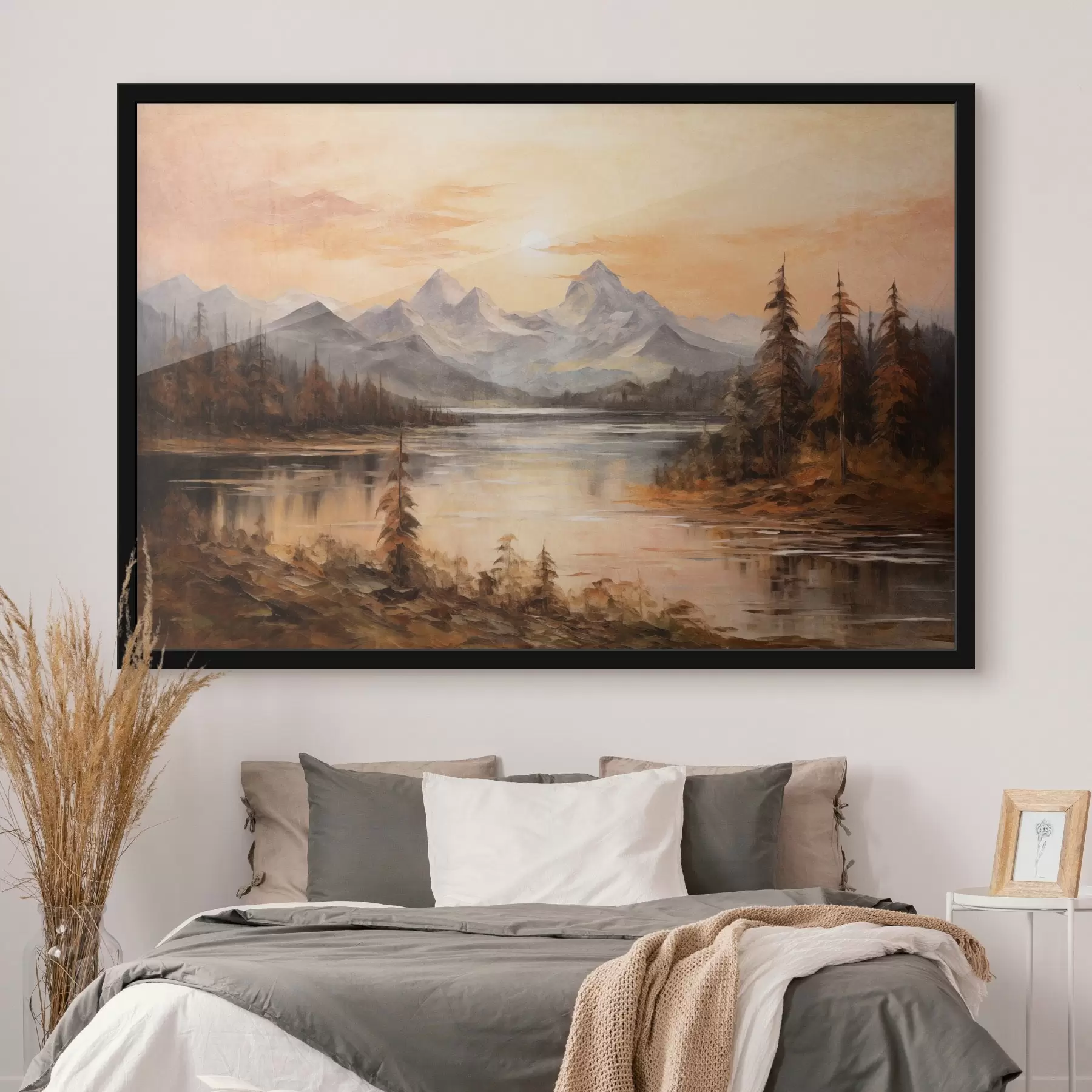 Papier peint Paysage avec un lac entouré d'arbres et de montagnes en arrière-plan, ciel orange avec le soleil f44857
