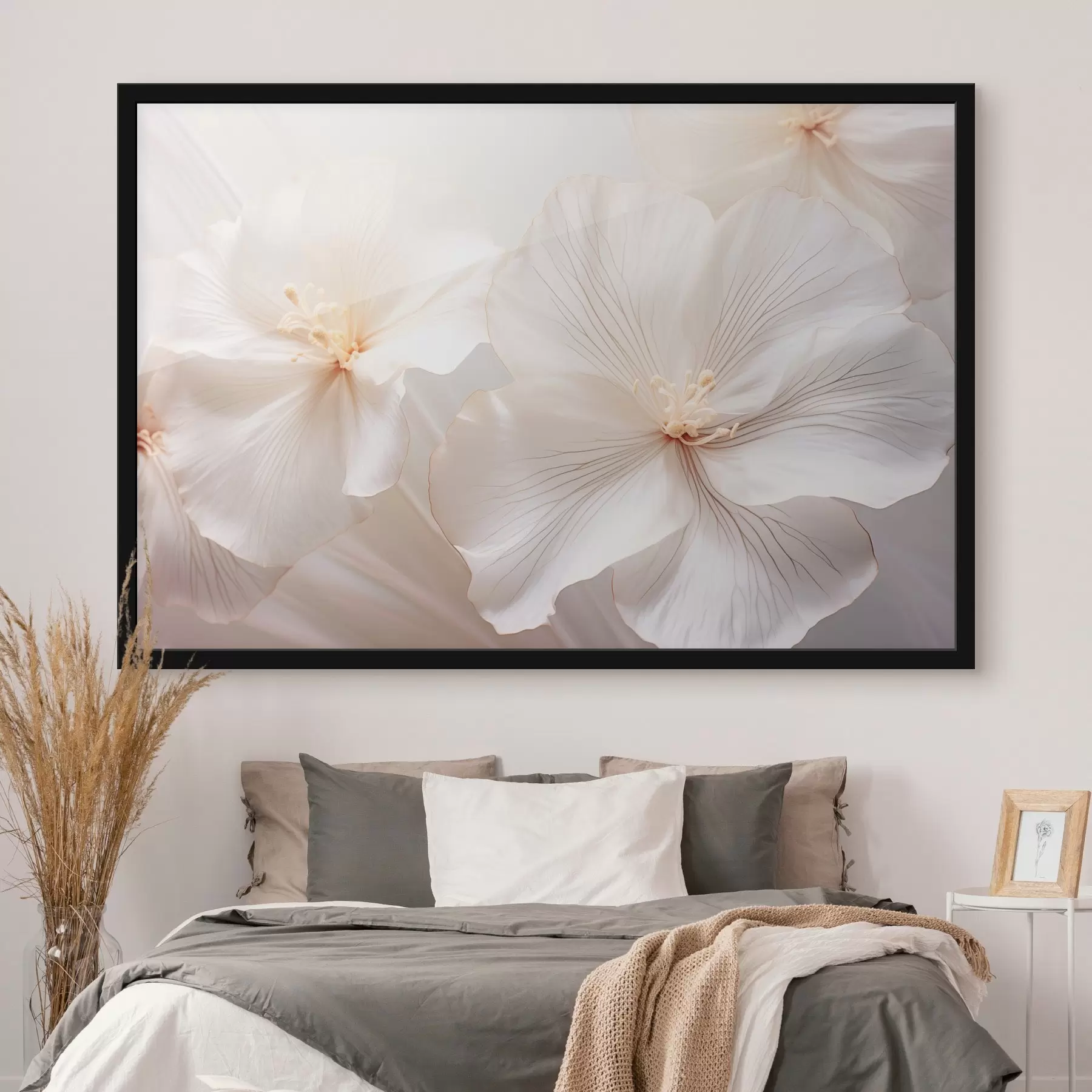 Papier peint Fleurs blanches délicates avec des pétales et des centres aux couleurs douces et pastel, créant un art floral éthéré et rêveur f44858