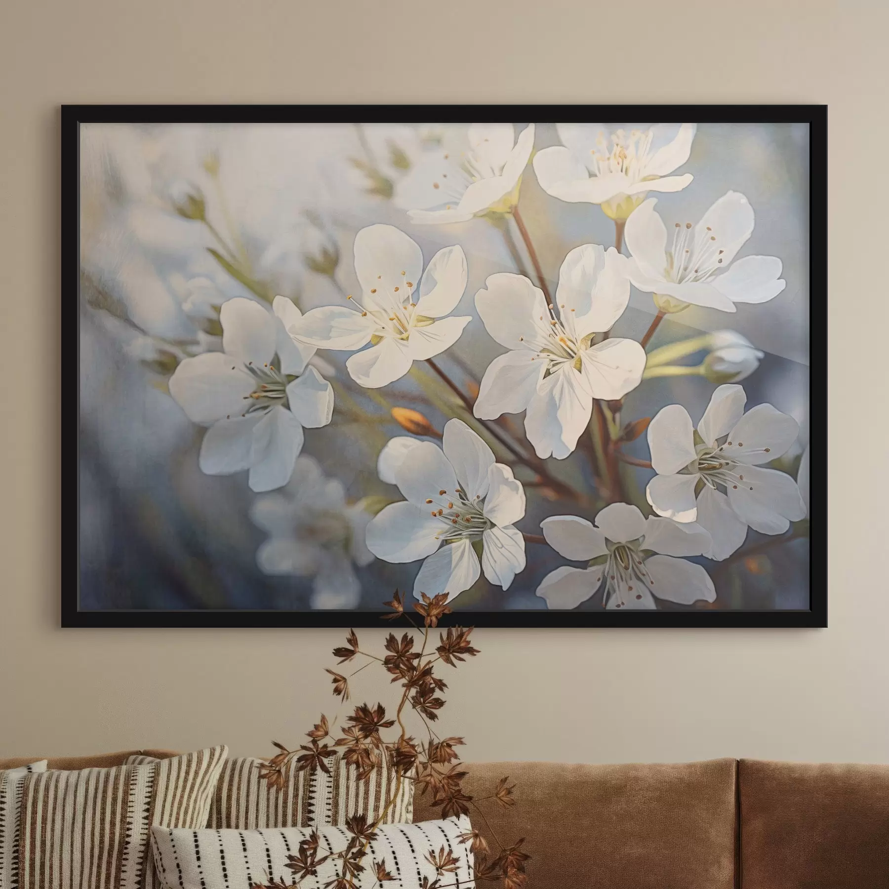 Papier peint Fleurs de cerisier blanches texturées dans un style aquarelle, pétales délicats, saison printanière f44859