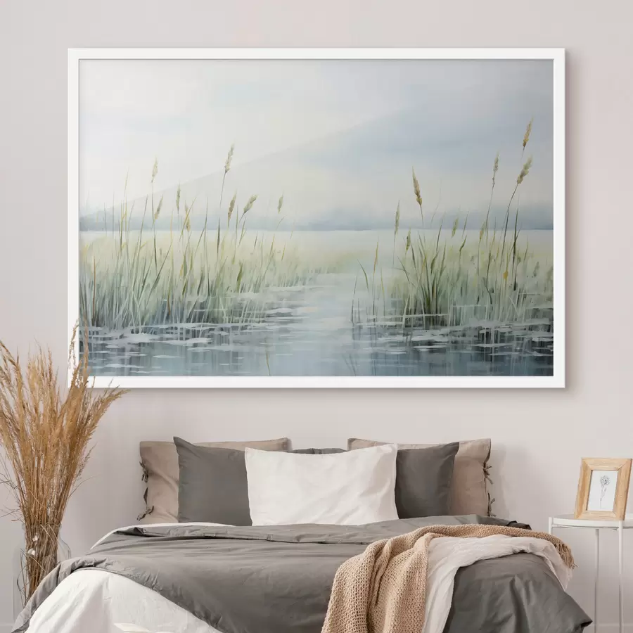 Papier peint Une peinture à l'aquarelle imitant les hautes herbes poussant près de l'eau, un ciel couvert et un arrière-plan flou f44860