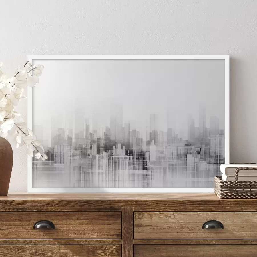 Papier peint Paysage urbain minimaliste texturé avec de grands bâtiments et des gratte-ciel, silhouettés sur un ciel blanc f44863