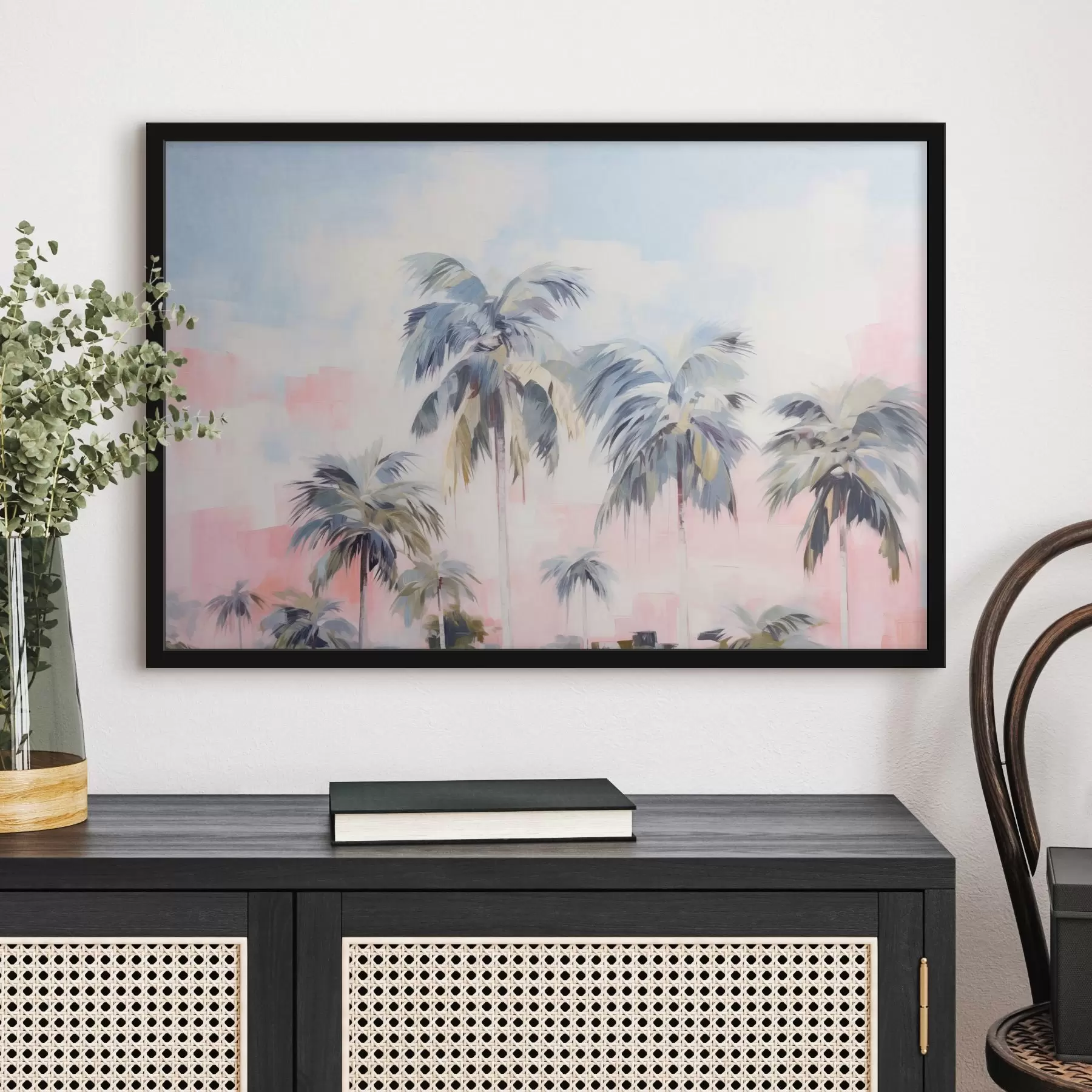 Tableau Palmiers aux feuilles pastel et aux troncs bruns, ciel rose et bleu, environnement tropical f44866