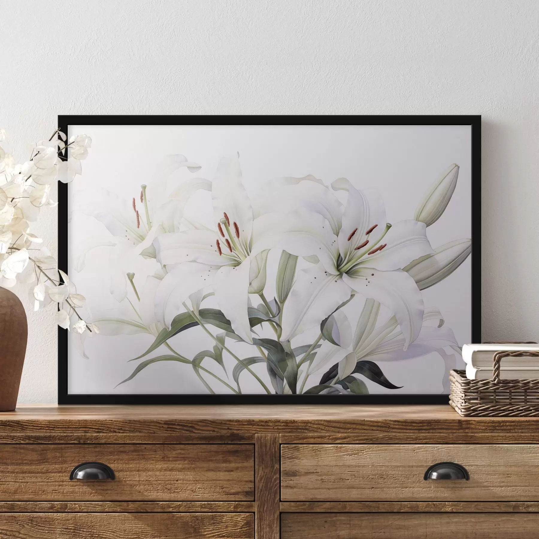 Papier peint Un bouquet de lys blancs avec des feuilles vertes, des pétales délicats et un fond blanc doux f44868