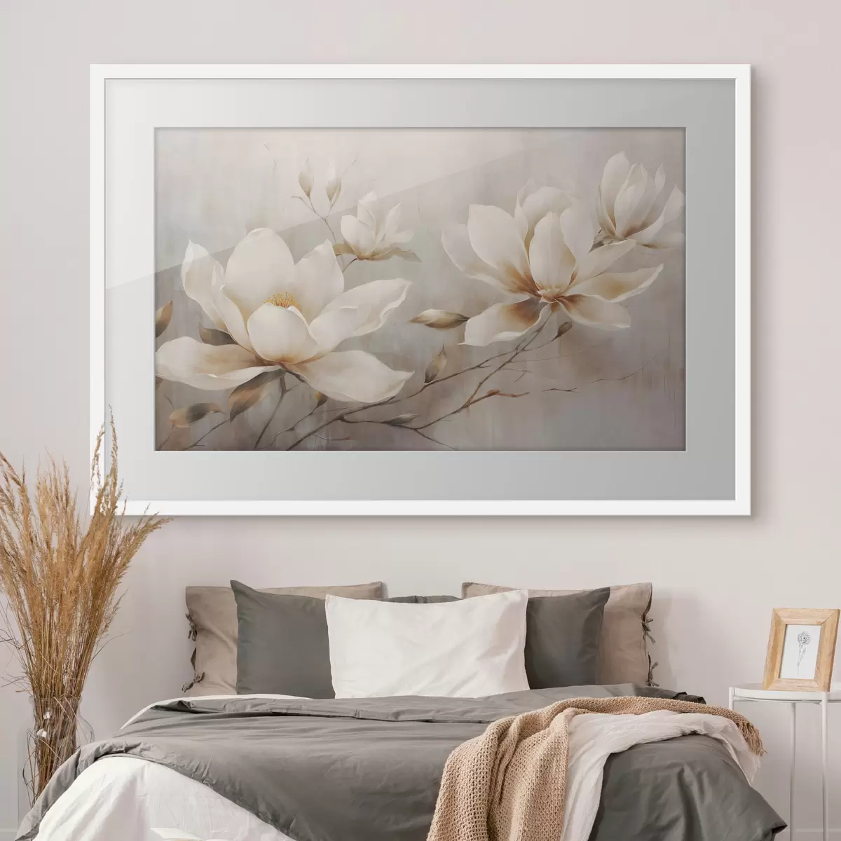 Poster Fleurs de magnolia blanches texturées sur des branches sur un fond marron clair f44869