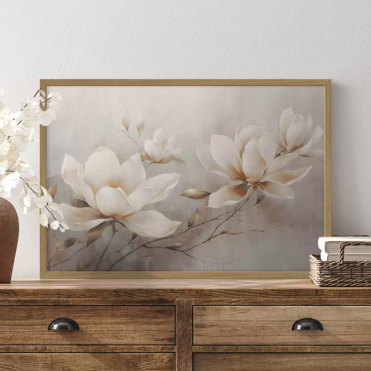 Poster Fleurs de magnolia blanches texturées sur des branches sur un fond marron clair f44869