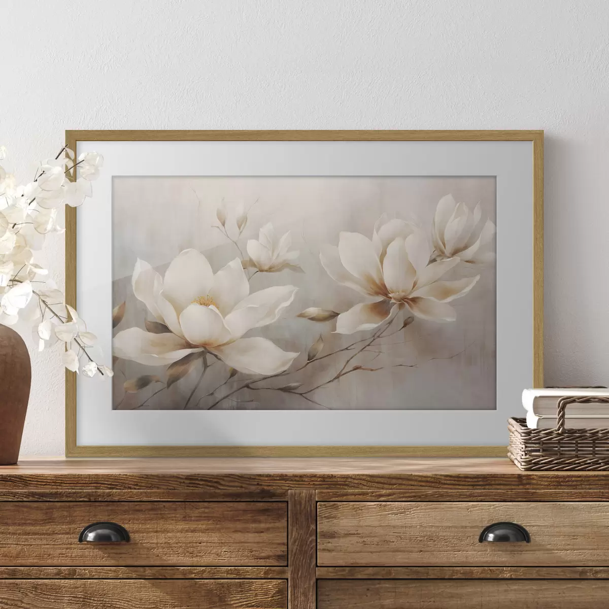 Poster Fleurs de magnolia blanches texturées sur des branches sur un fond marron clair f44869