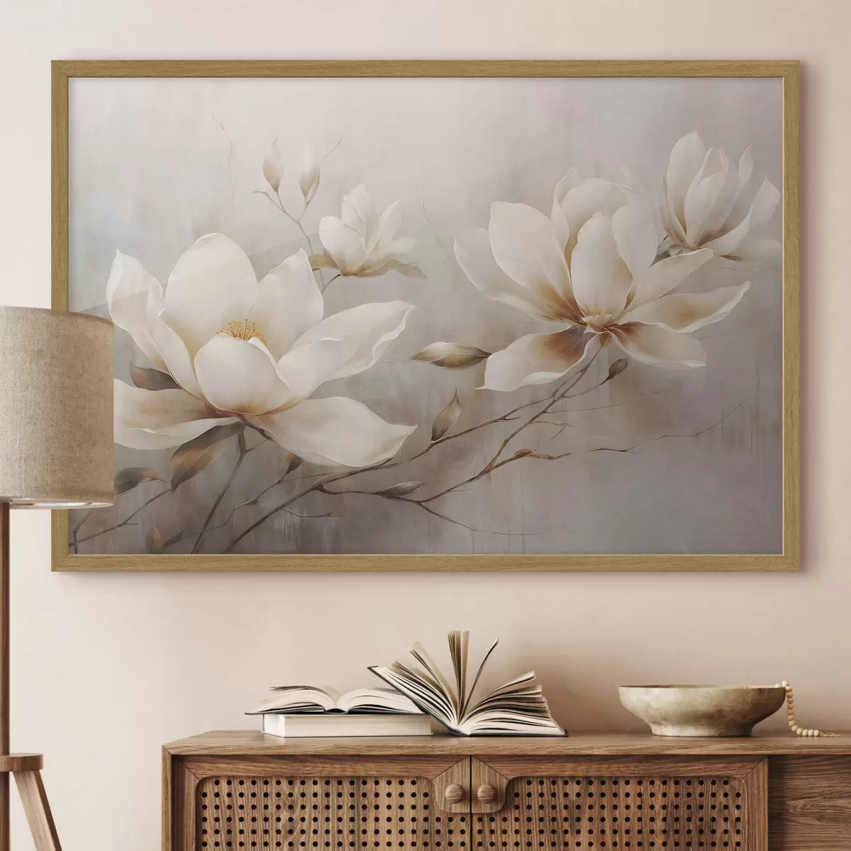Poster Fleurs de magnolia blanches texturées sur des branches sur un fond marron clair f44869