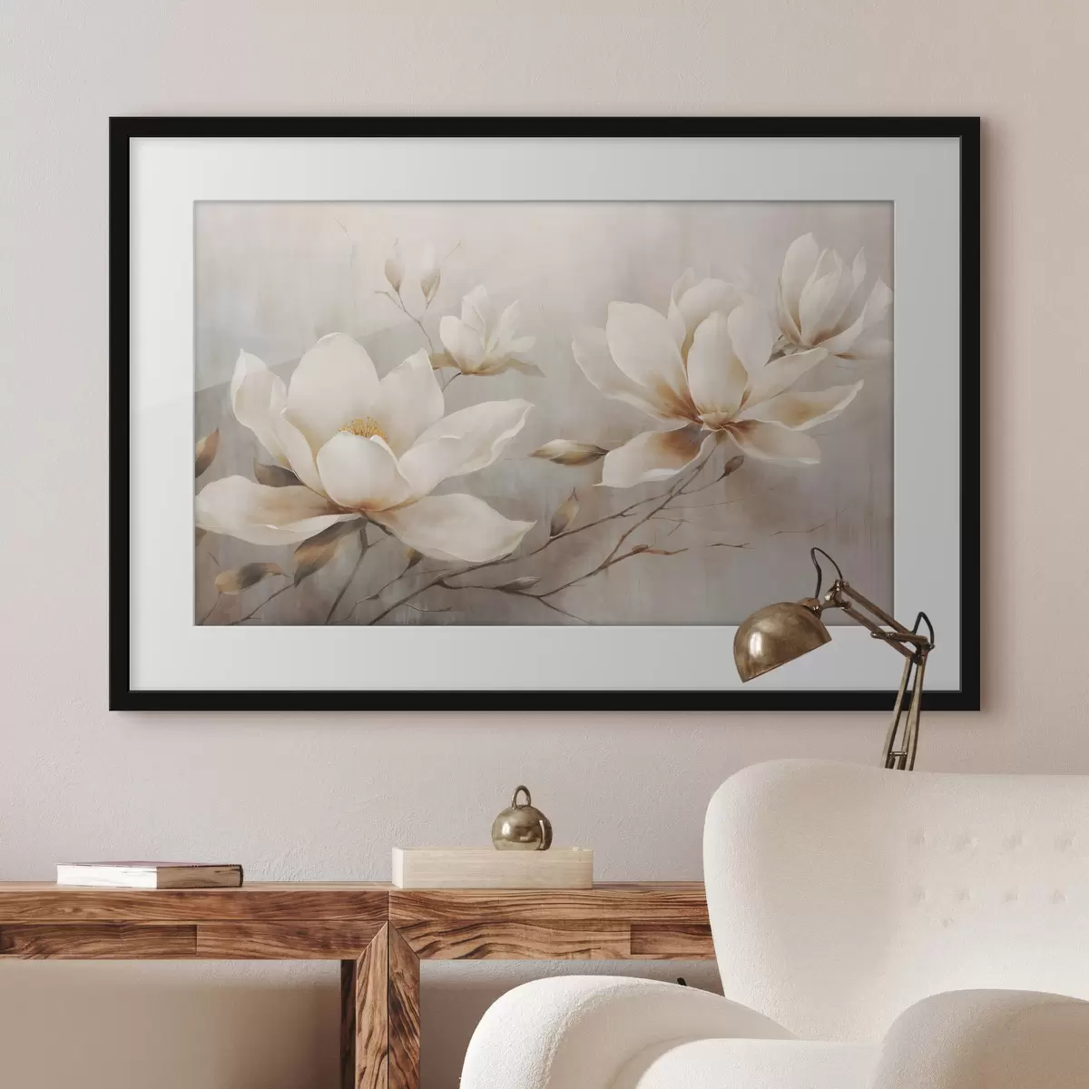 Poster Fleurs de magnolia blanches texturées sur des branches sur un fond marron clair f44869