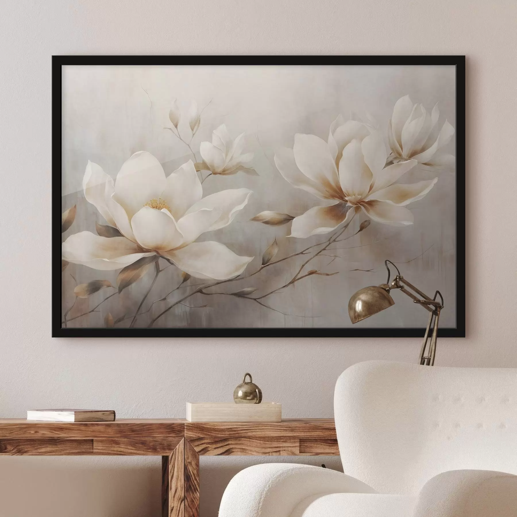 Papier peint Fleurs de magnolia blanches texturées sur des branches sur un fond marron clair f44869